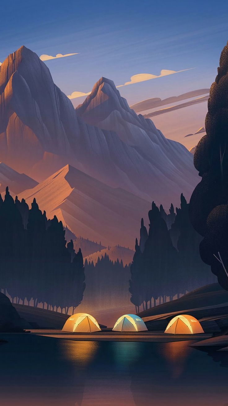 Tende illuminate tra montagne Firewatch, 736x1308 Verticale, Mobile