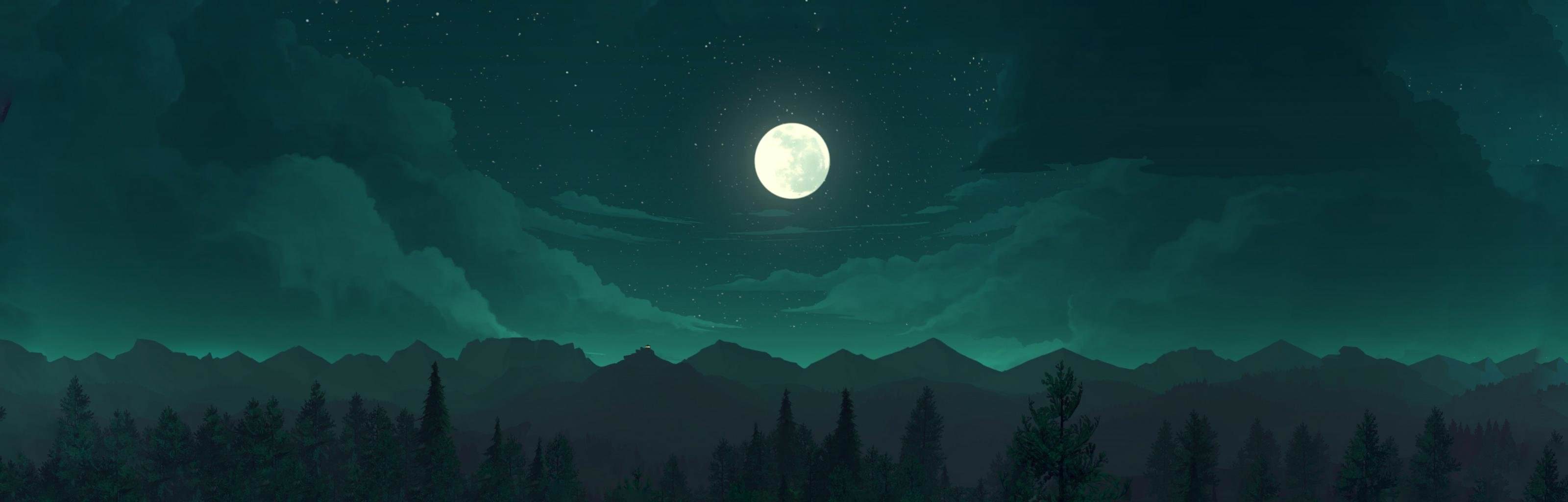 Luna piena su montagne notturne, 3200x1024 Panoramico, Dual Screen