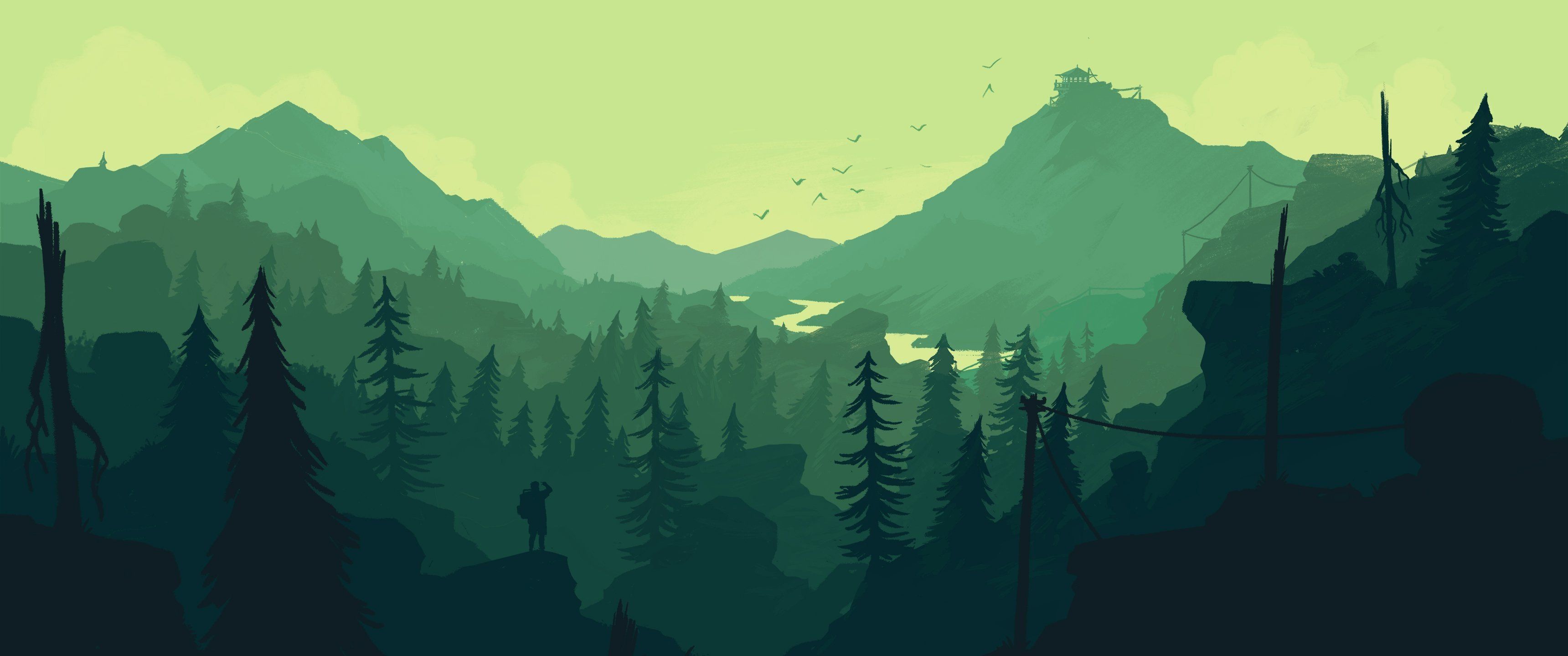 Foresta montagne stile Firewatch verde, 3440x1440 Panoramico, Dual Screen