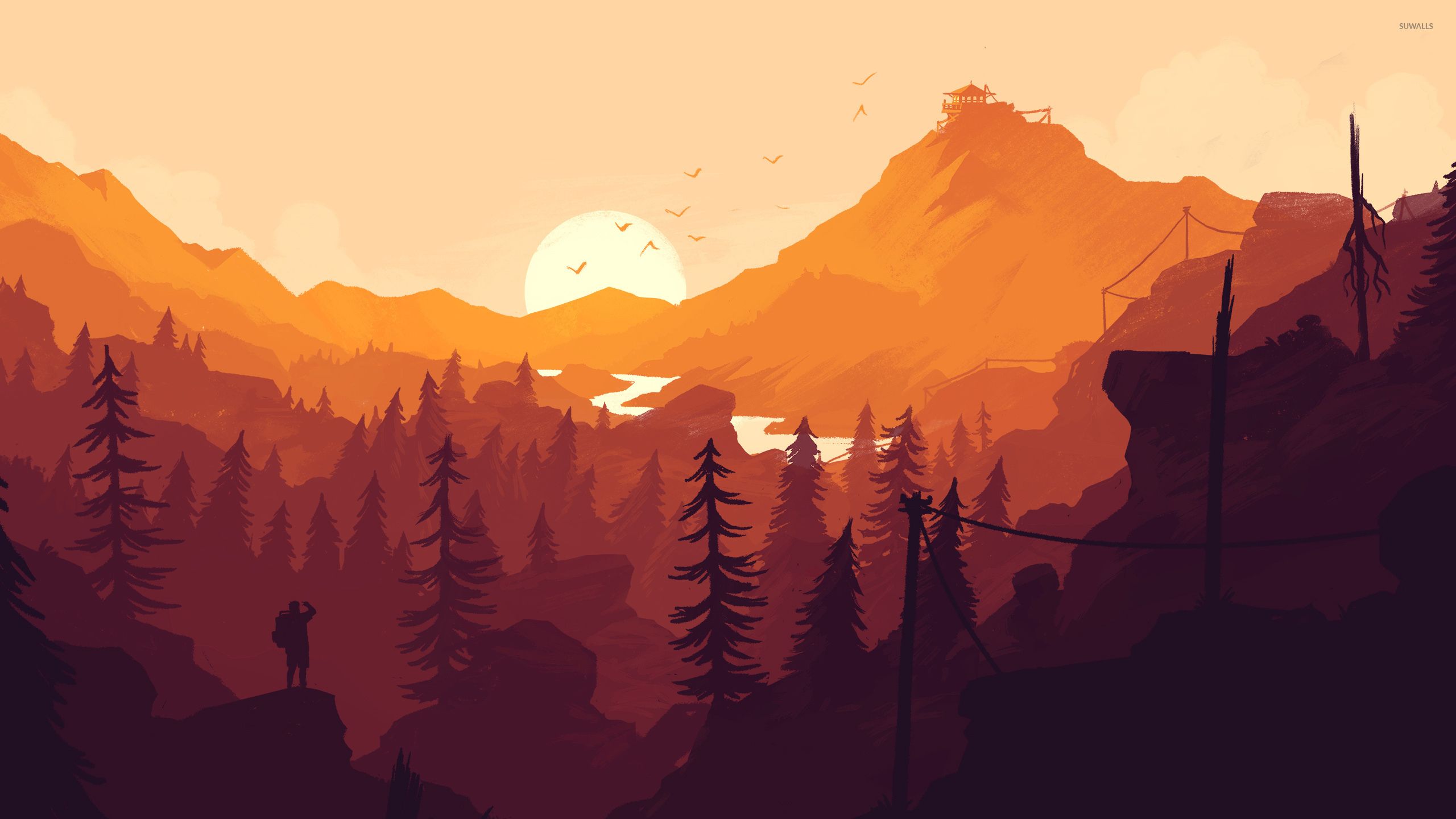 Tramonto arancione Firewatch montagne, 2560x1440 2K, Desktop