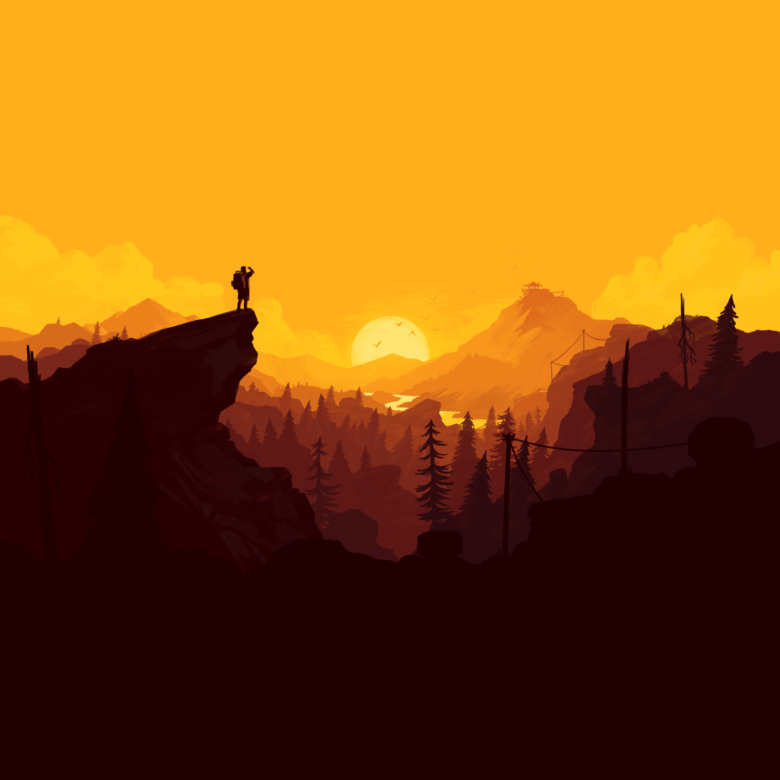 Firewatch silhouette tramonto arancione, 2732x2732 2K+, Laptop