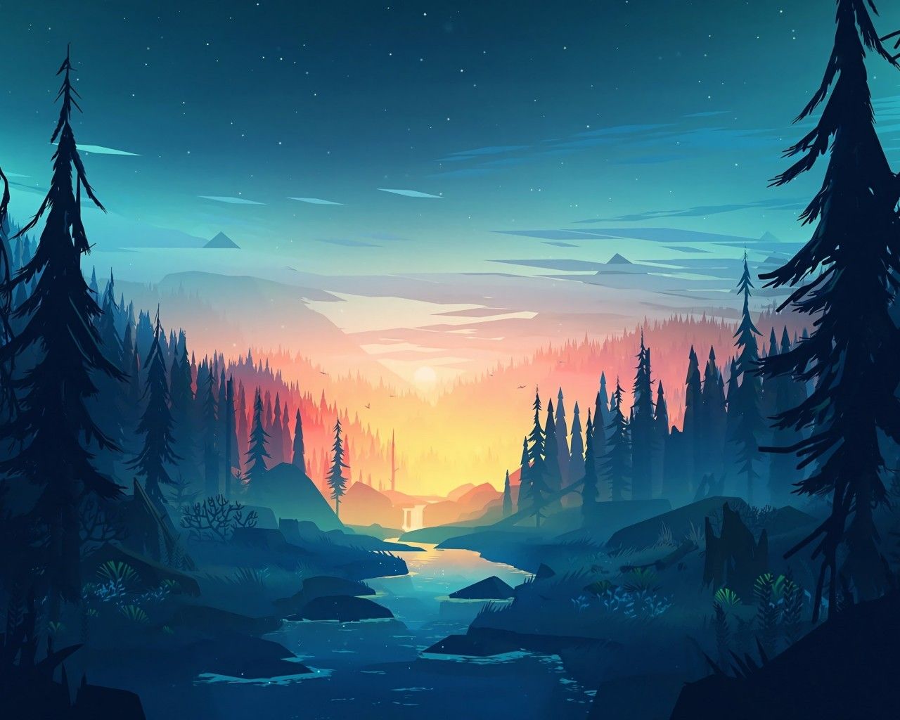 Paesaggio flat tramonto foresta fiume, 1280x1024 HD, Desktop