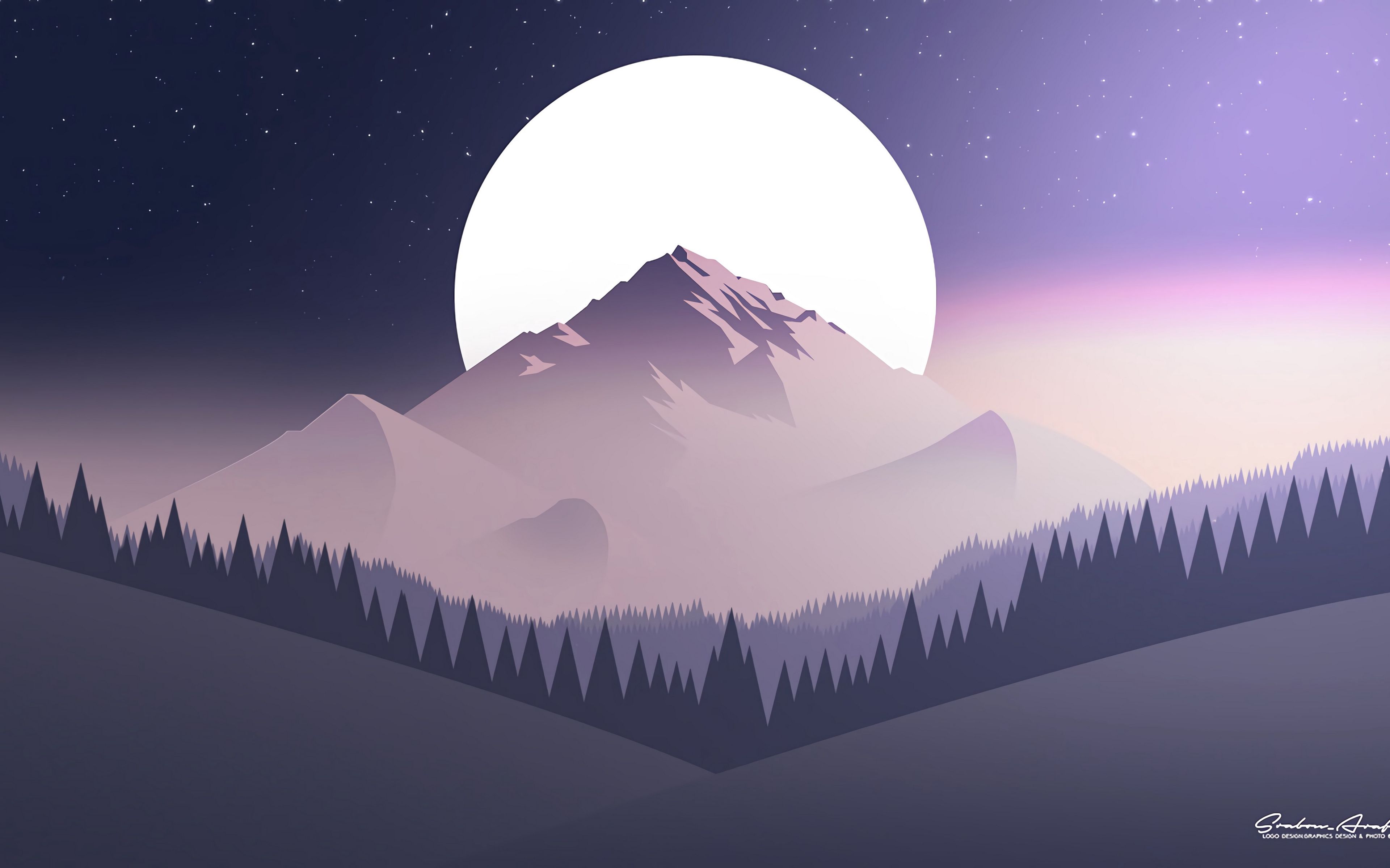 Montagne piatte con luna e foresta, 3840x2400 4K, Desktop 4K
