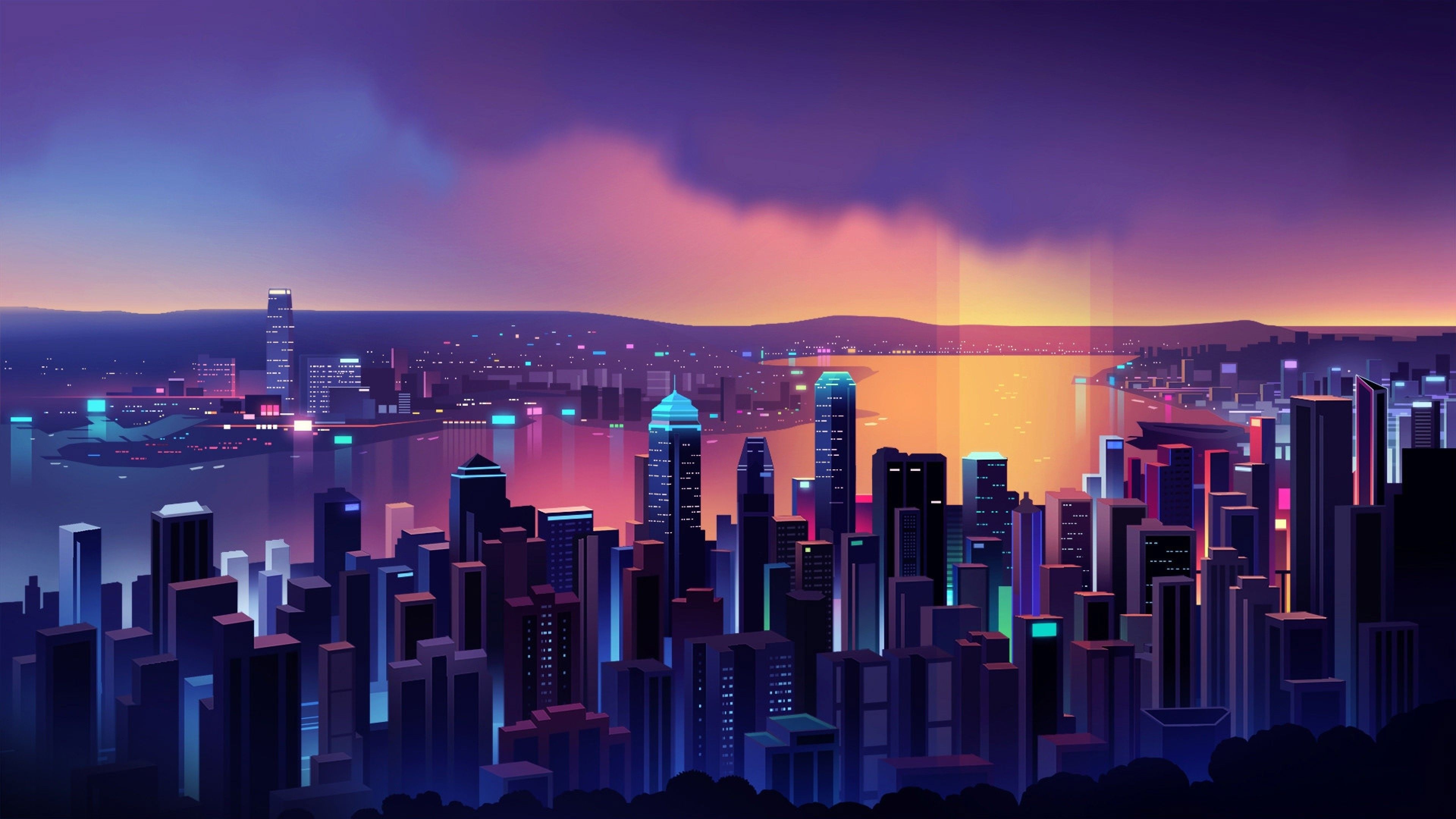 Skyline città piatto viola, 3840x2160 Ultra HD, 4K TV