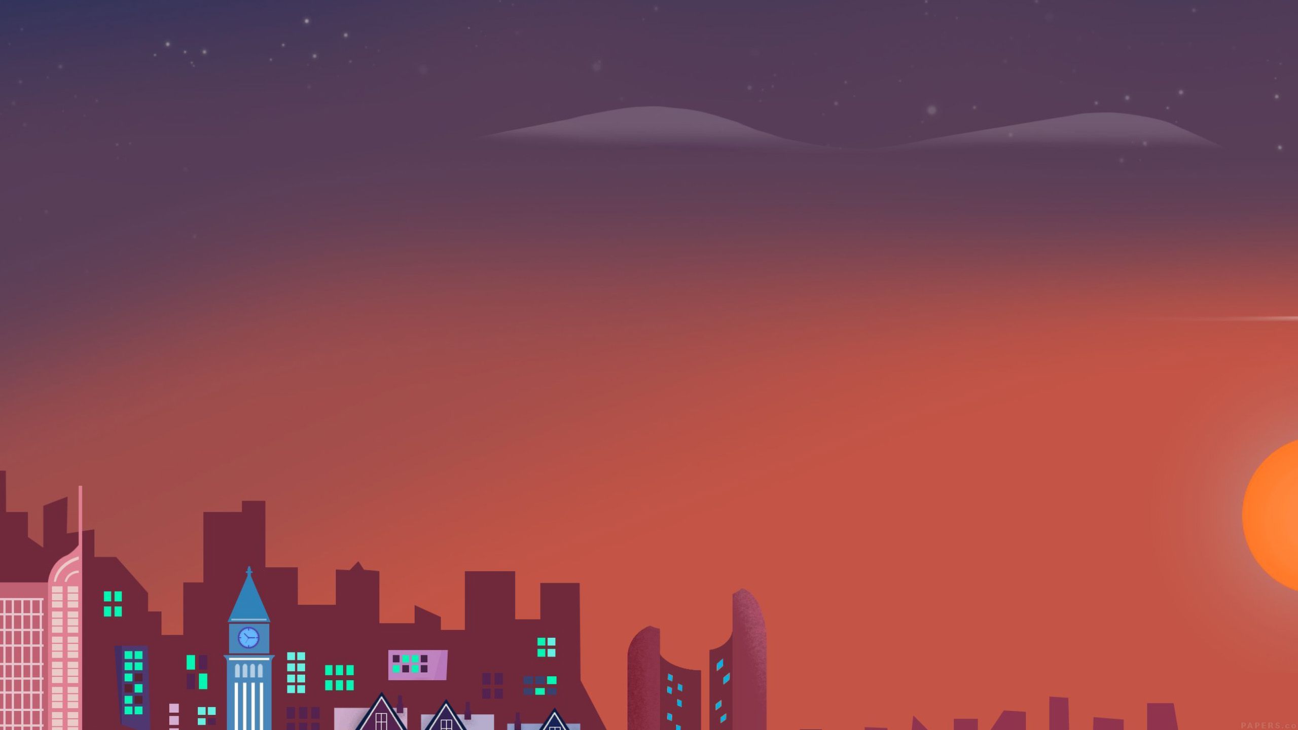Città al tramonto, design piatto, 2560x1440 2K, Desktop