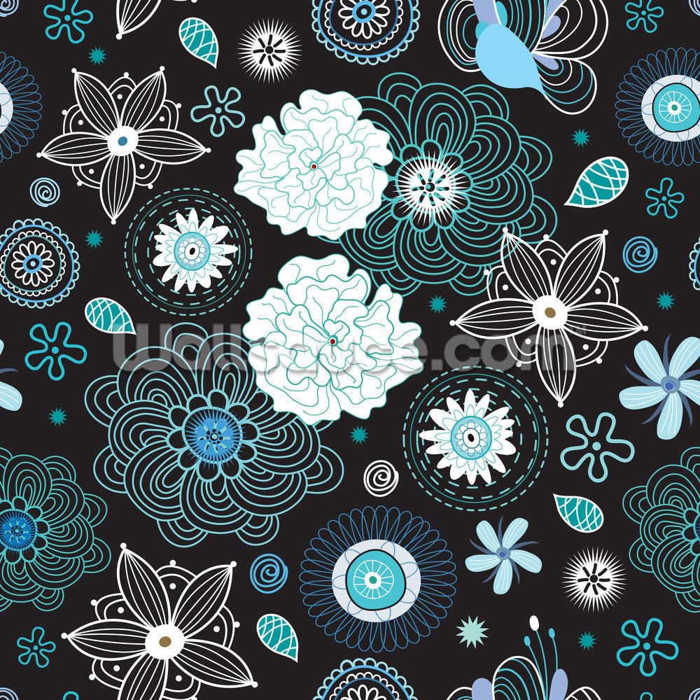 Fiori decorativi bianchi e blu su nero, 1000x1000 HD, Desktop
