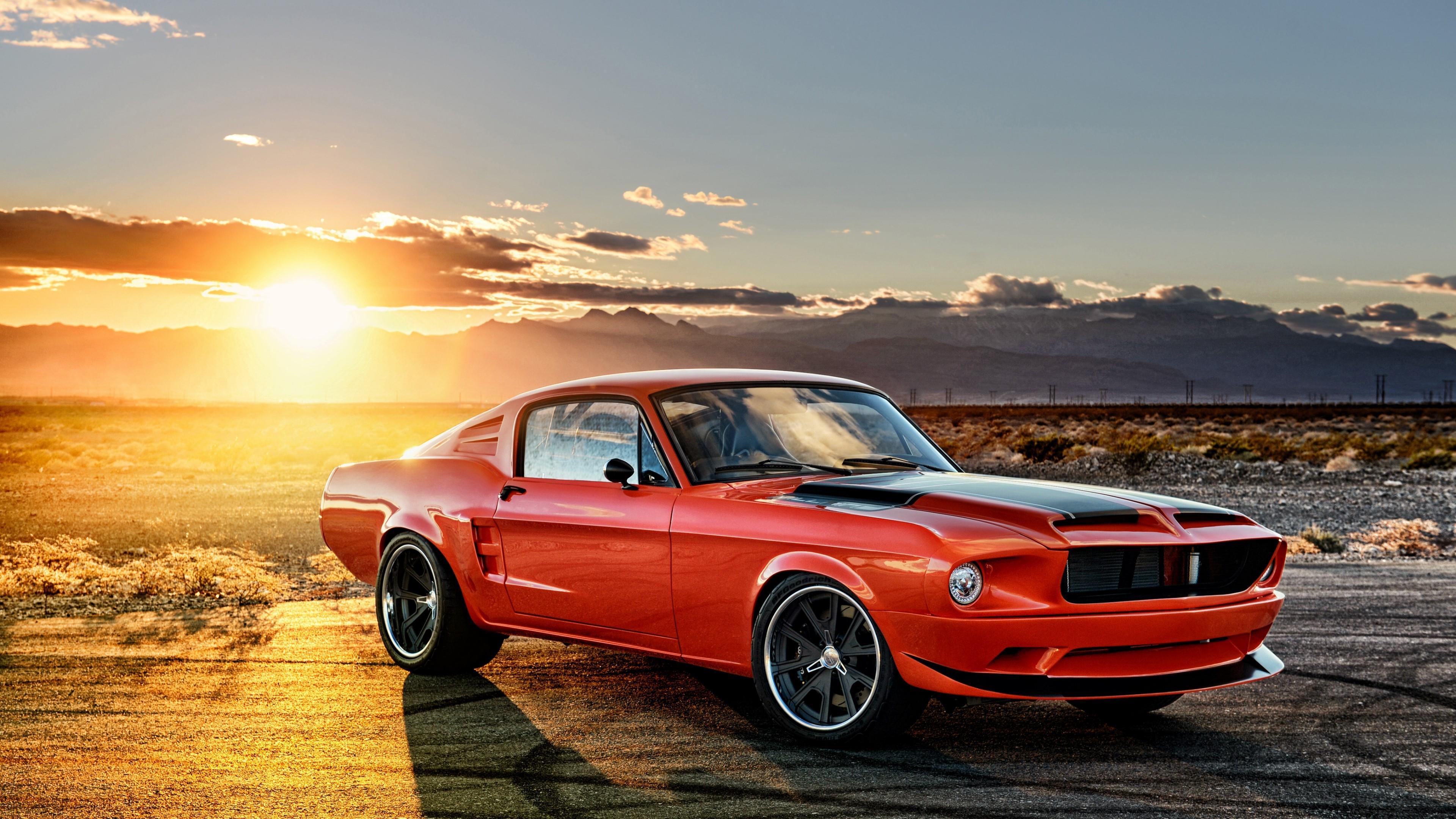 Ford Mustang rossa al tramonto, muscle car, 3840x2160 4K, Desktop 4K