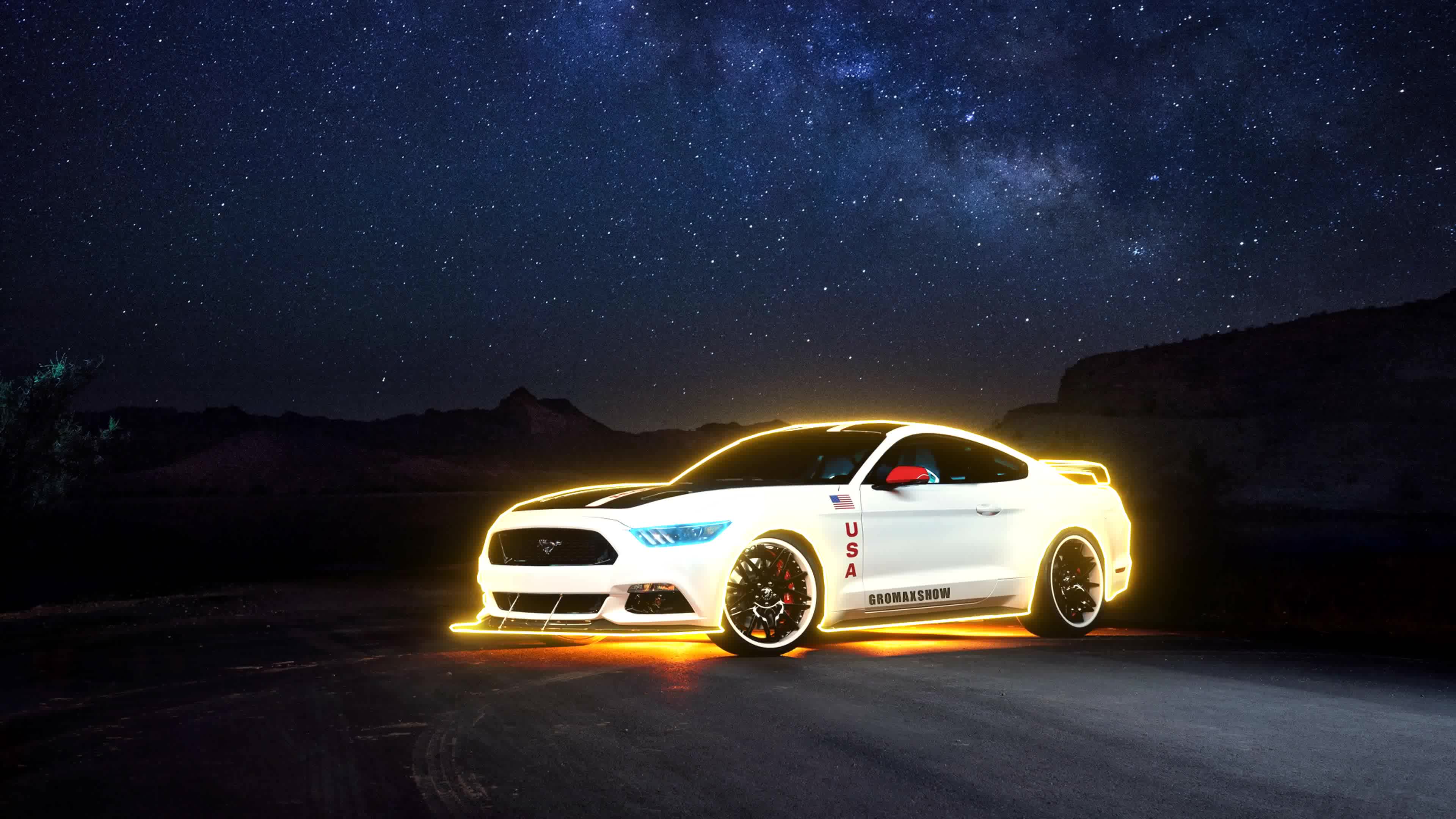 Ford Mustang bianca luci notte, 3840x2160 Ultra HD, 4K TV