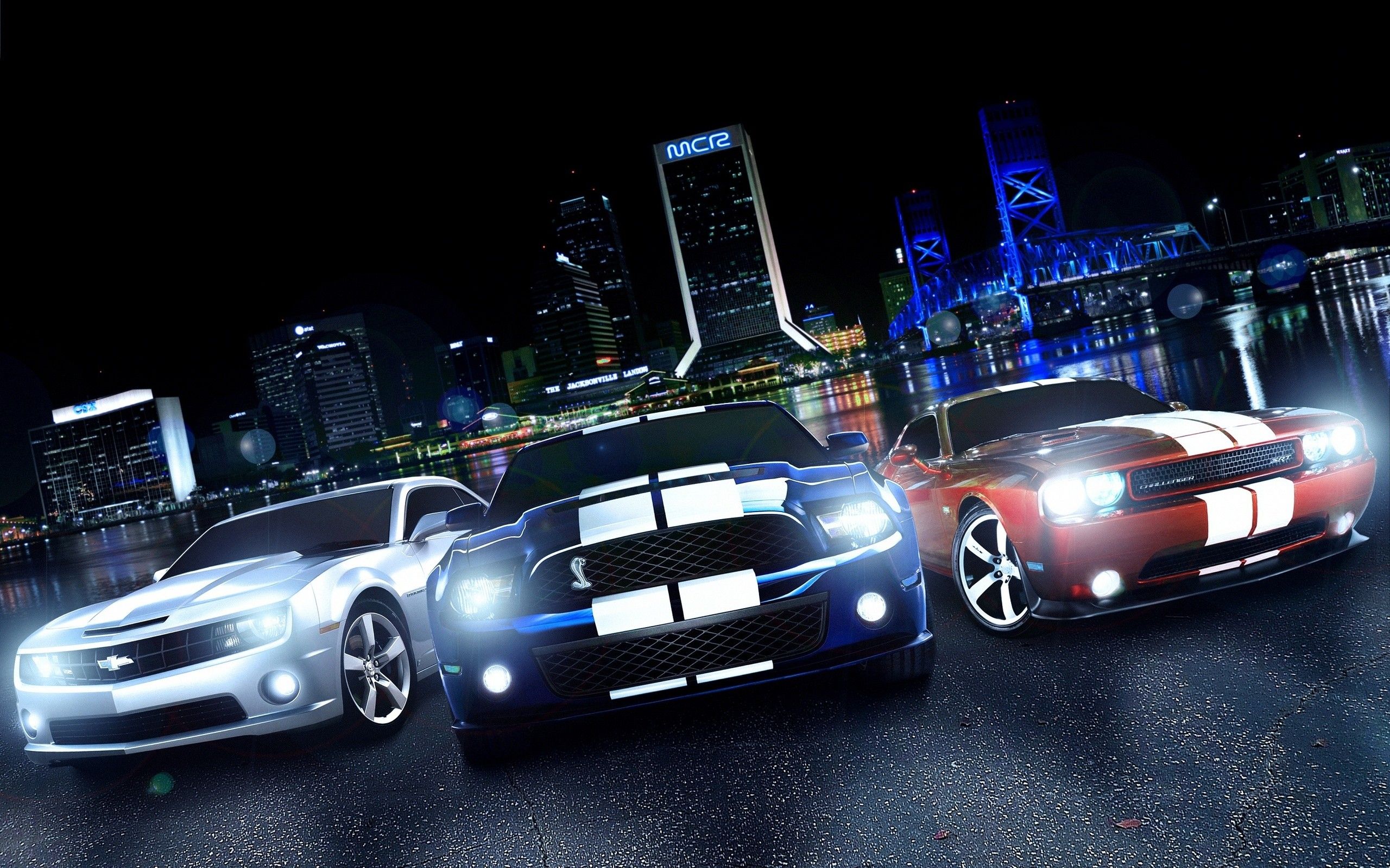 Tre auto sportive notturne città, 2560x1600 WQXGA, Desktop