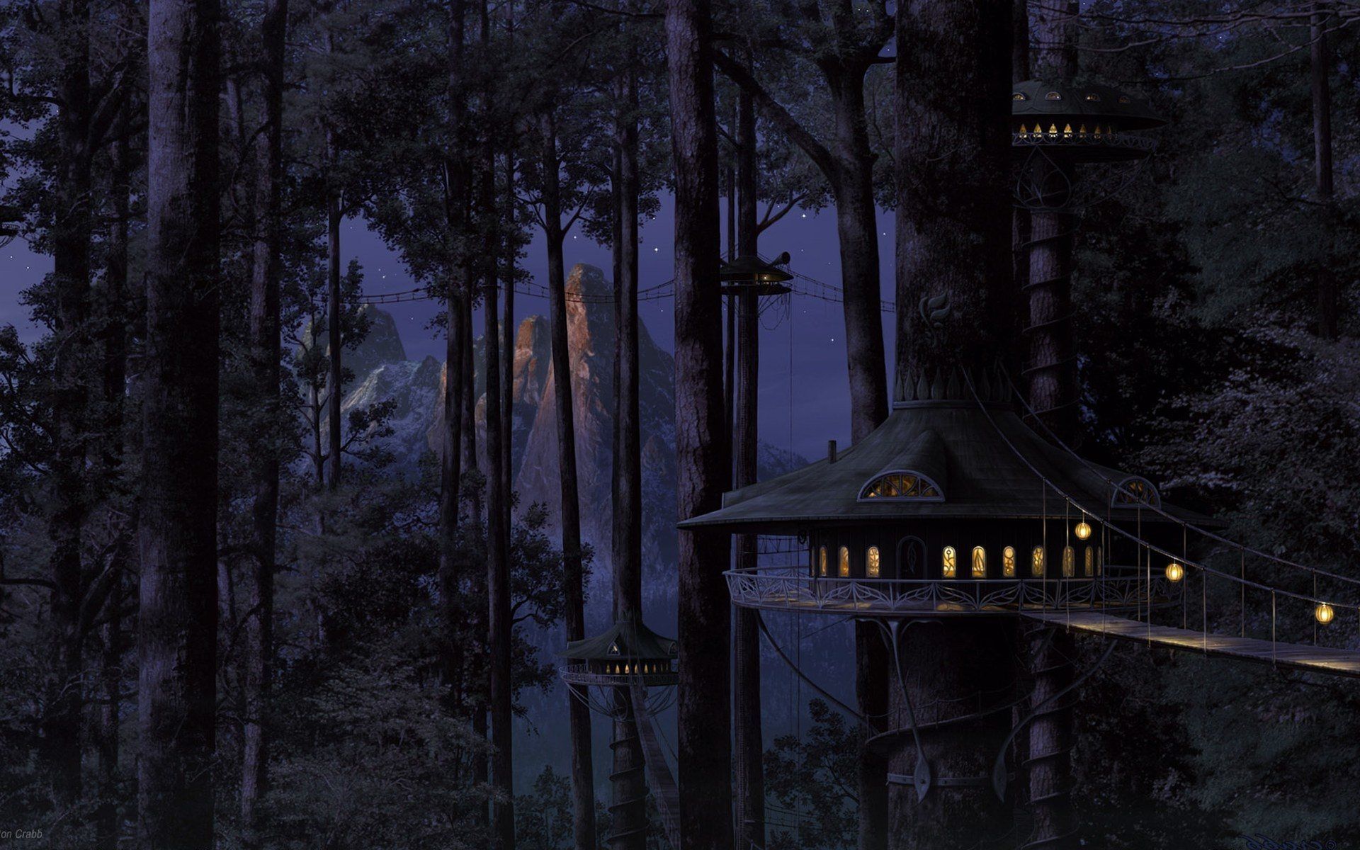 Casa sull'albero foresta notturna, 1920x1200 Full HD+, Desktop