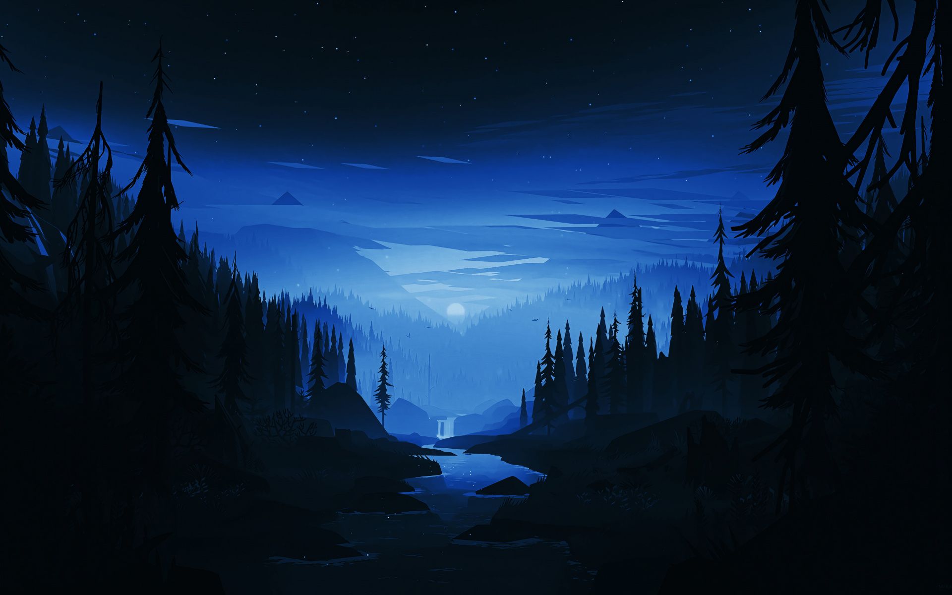 Foresta notturna con fiume blu, 1920x1200 Full HD+, Laptop