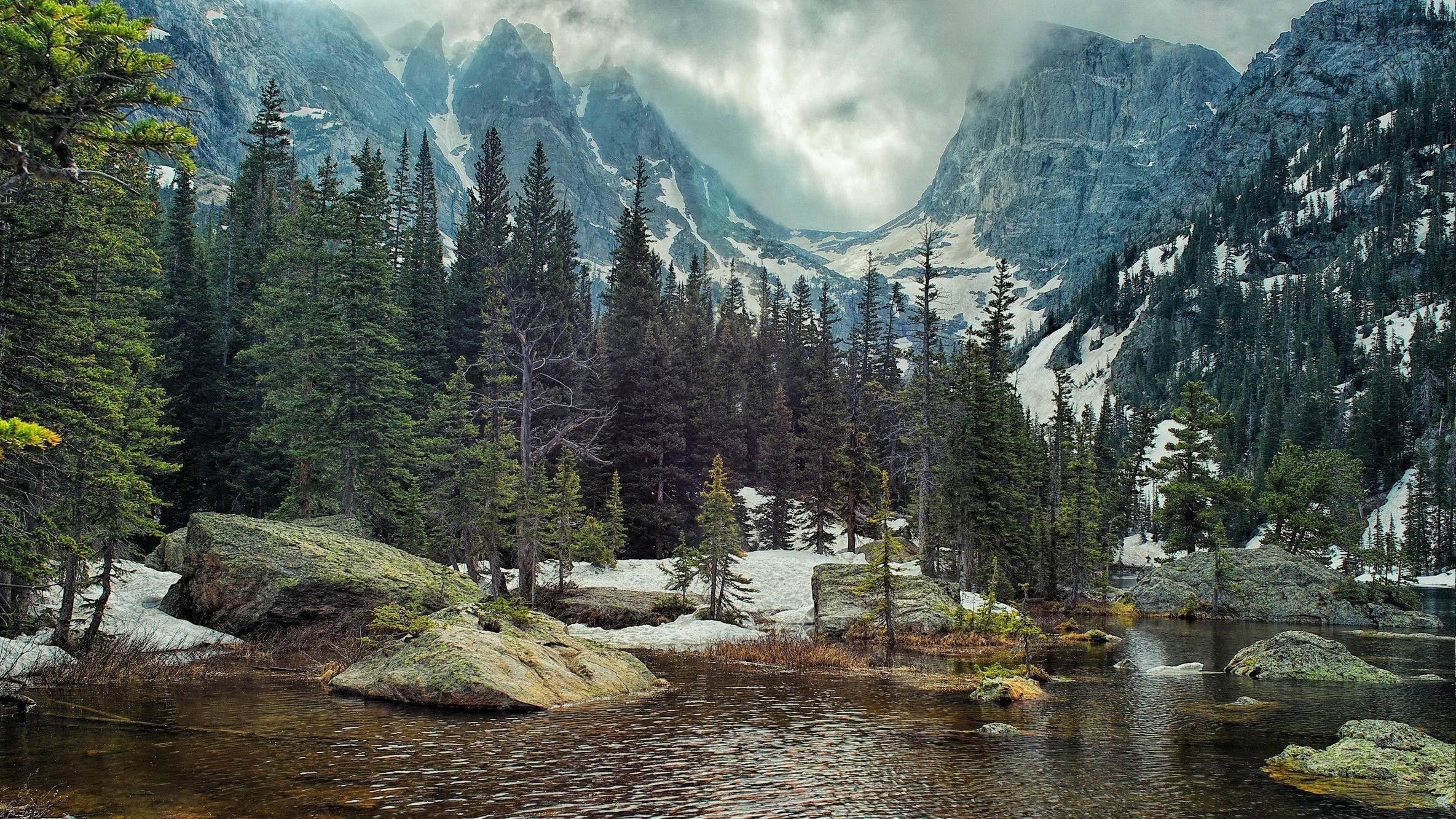 Foresta di pini con montagne, 2369x1333 Hi-Res, Desktop