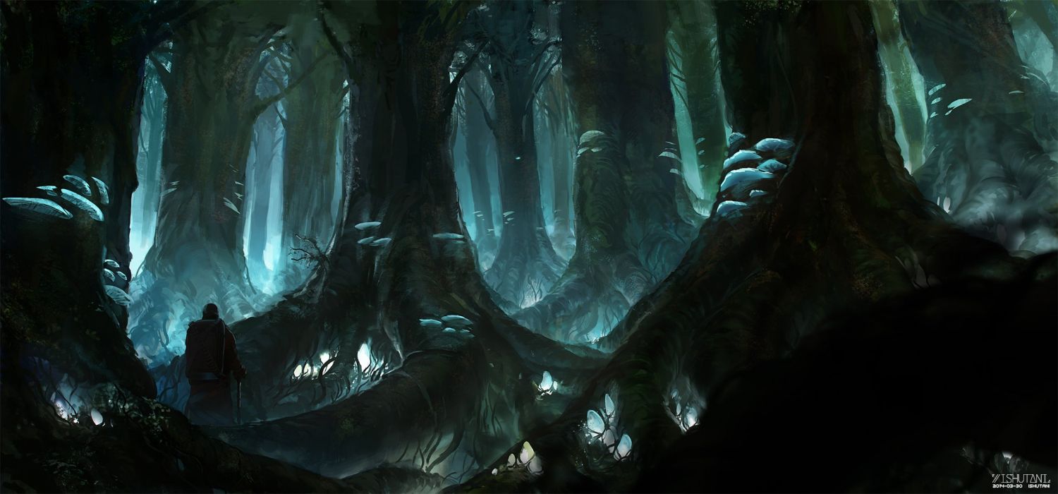 Foresta oscura con figura solitaria, 1500x700 720p, Laptop