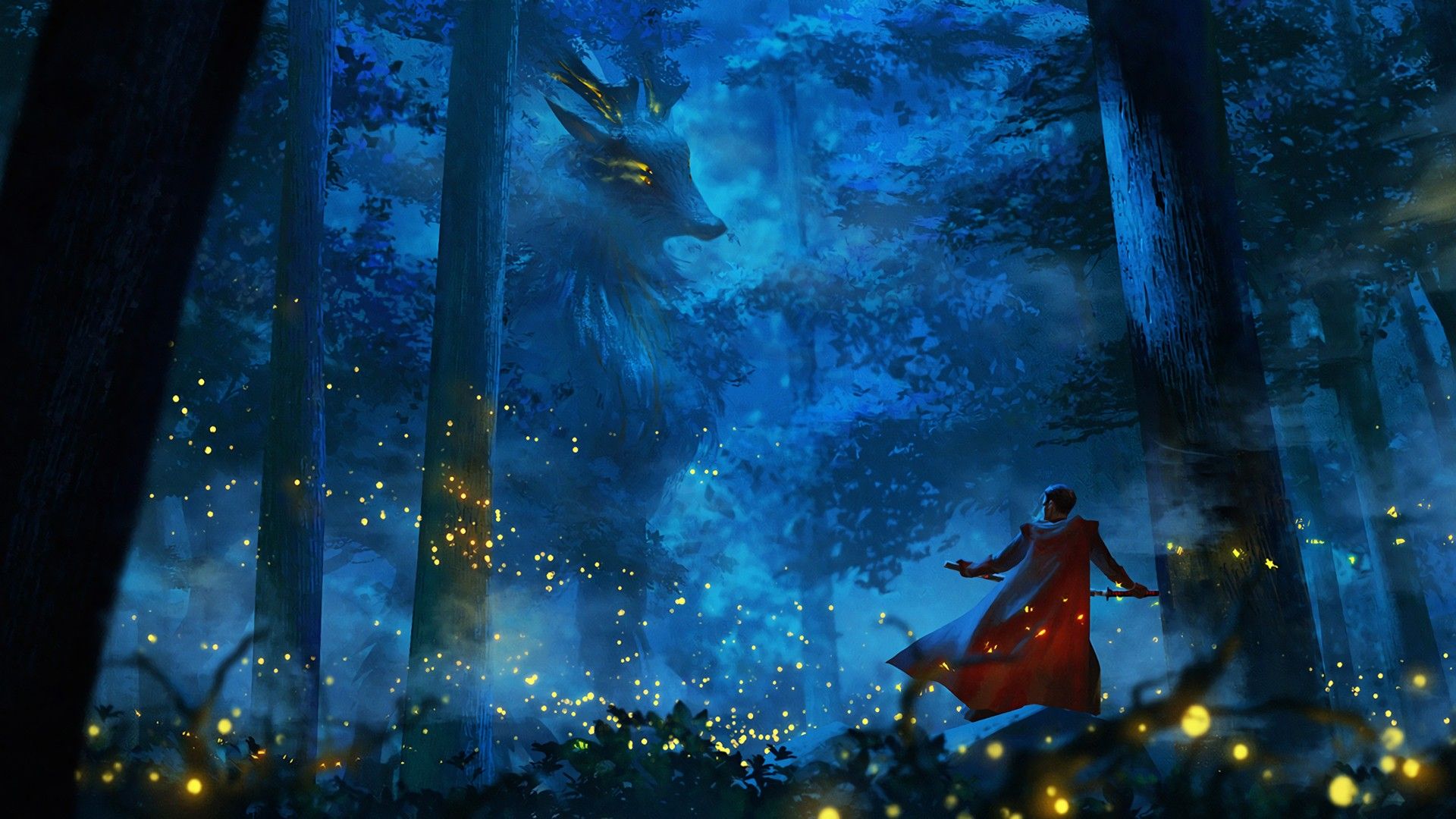 Guerriero e cervo spirito, foresta blu, 1920x1080 Full HD, Laptop