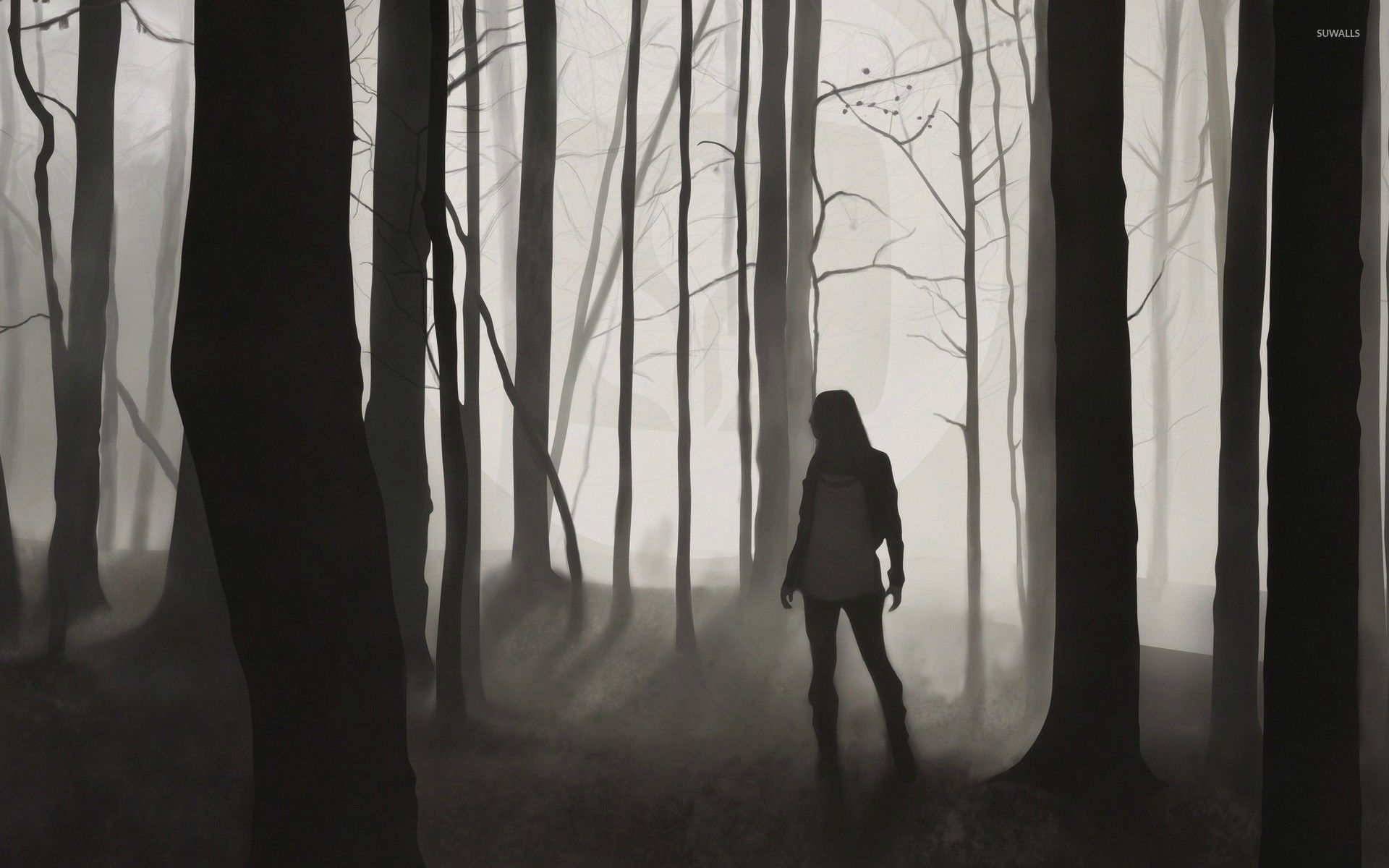 Ragazza silhouette foresta nebbiosa, 1920x1200 WUXGA, Desktop