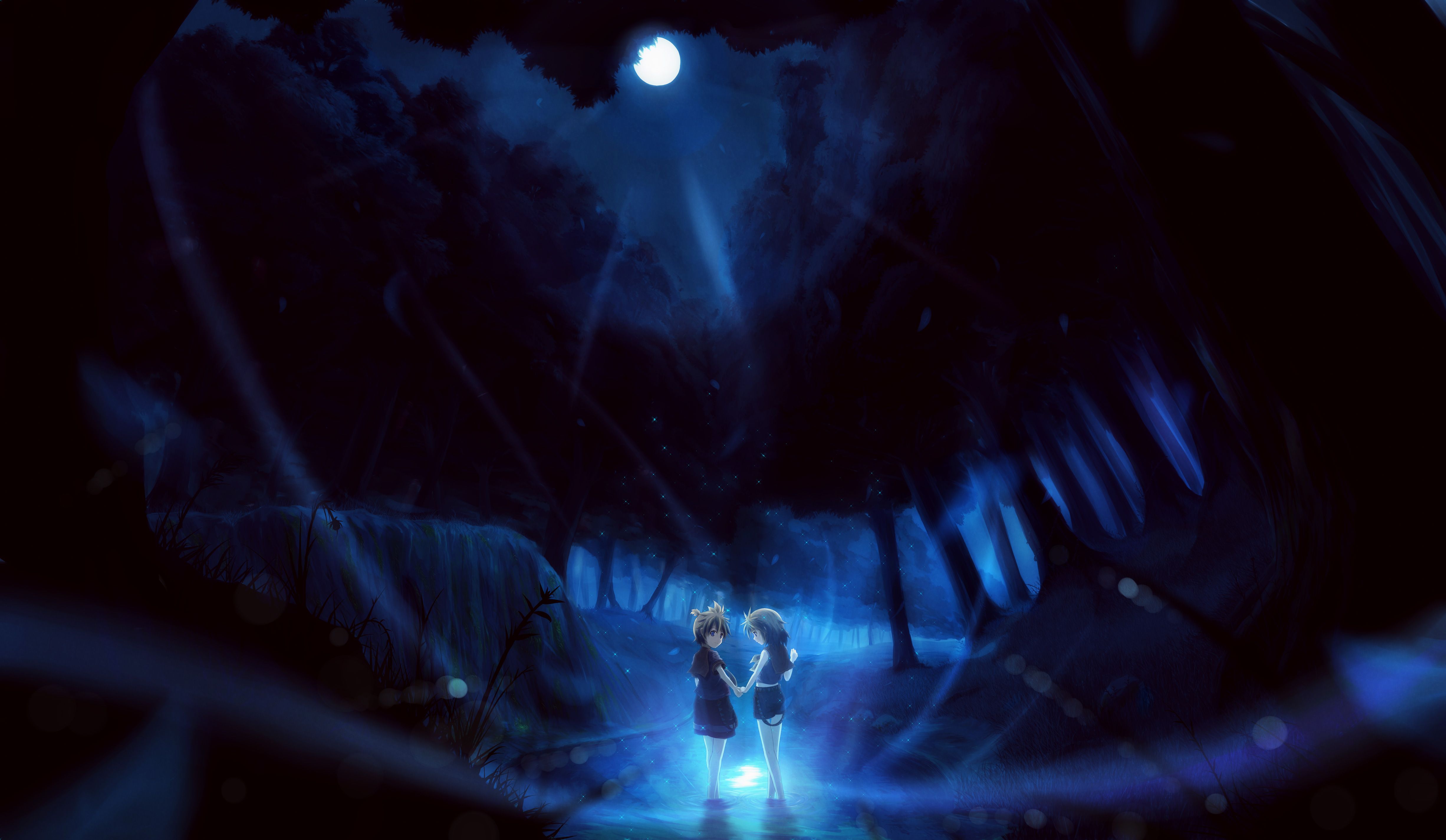 Anime, foresta scura, luna, 4905x2850 Ultra HD, Monitor 4K