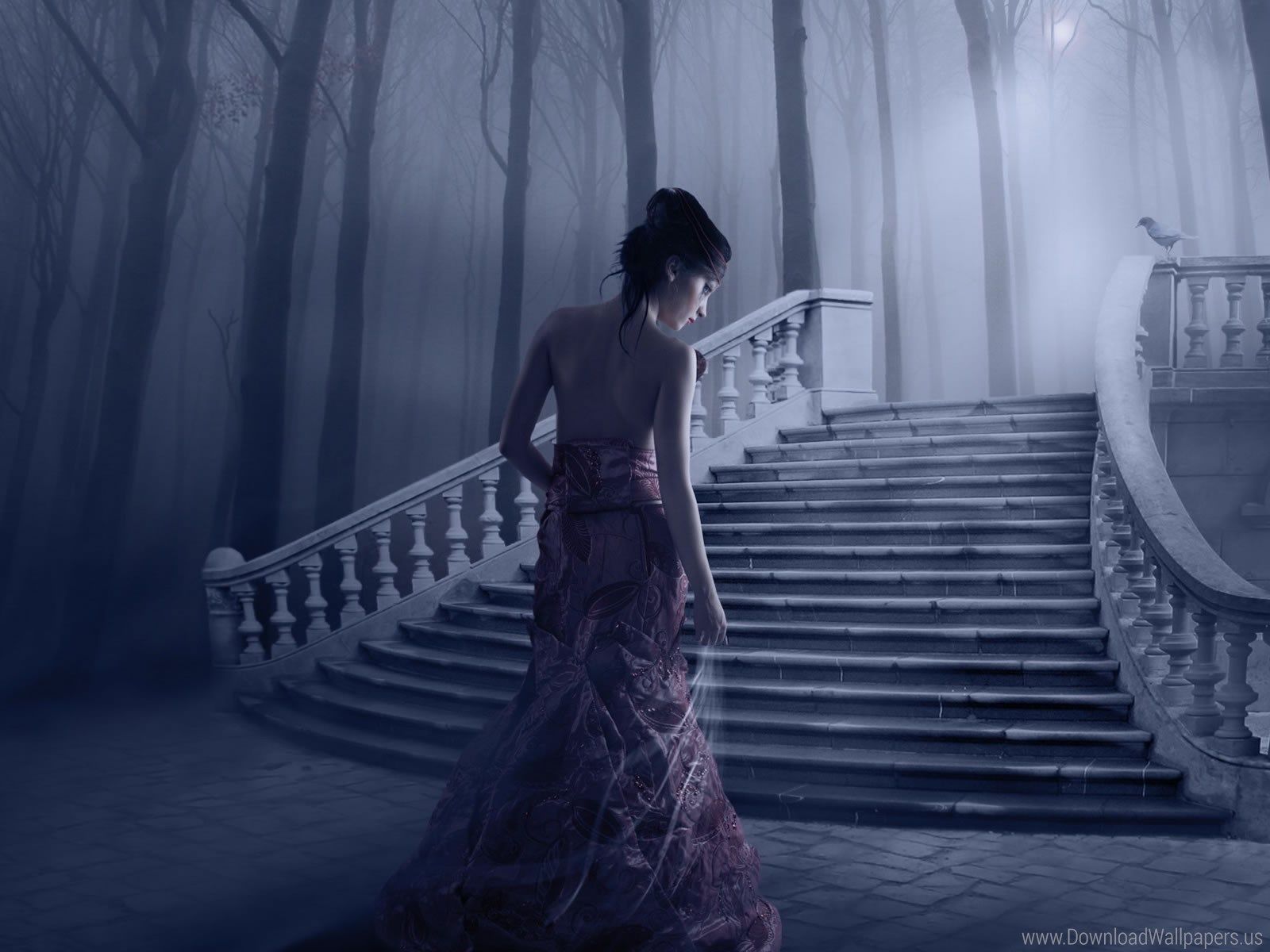 Donna scale foresta oscura, 1600x1200 HD Ready, Laptop