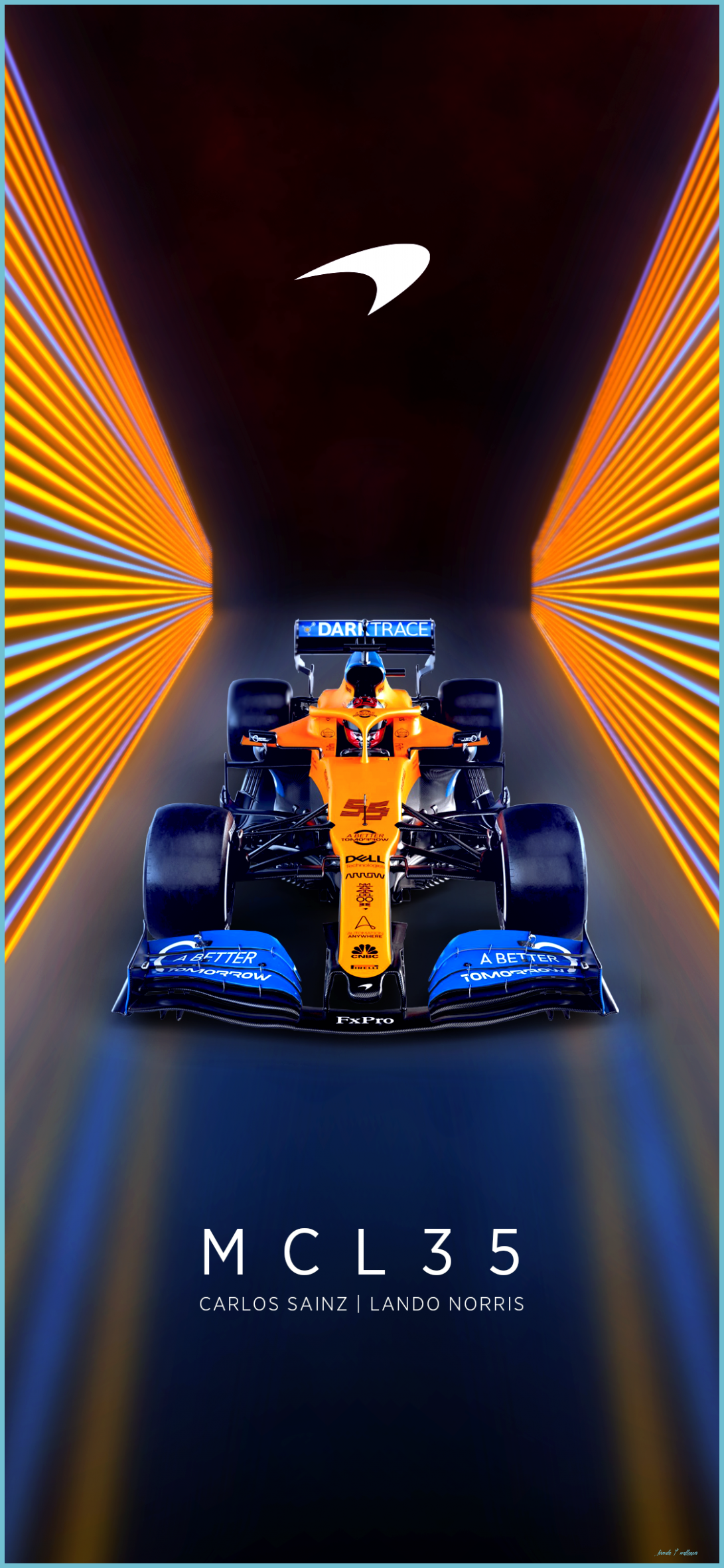 Auto F1 McLaren arancione blu, supercar britannica, 1091x2362 Verticale, Telefono