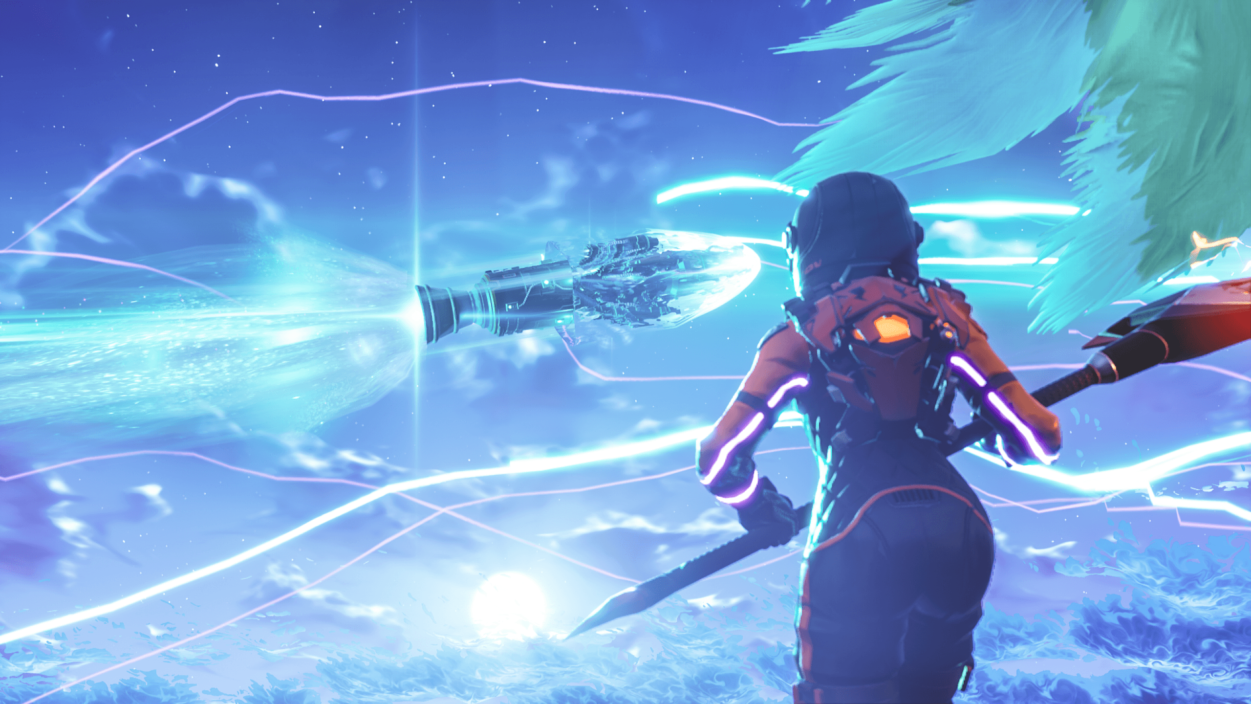 Personaggio Fortnite effetti neon blu, 2560x1440 2K QHD, PC