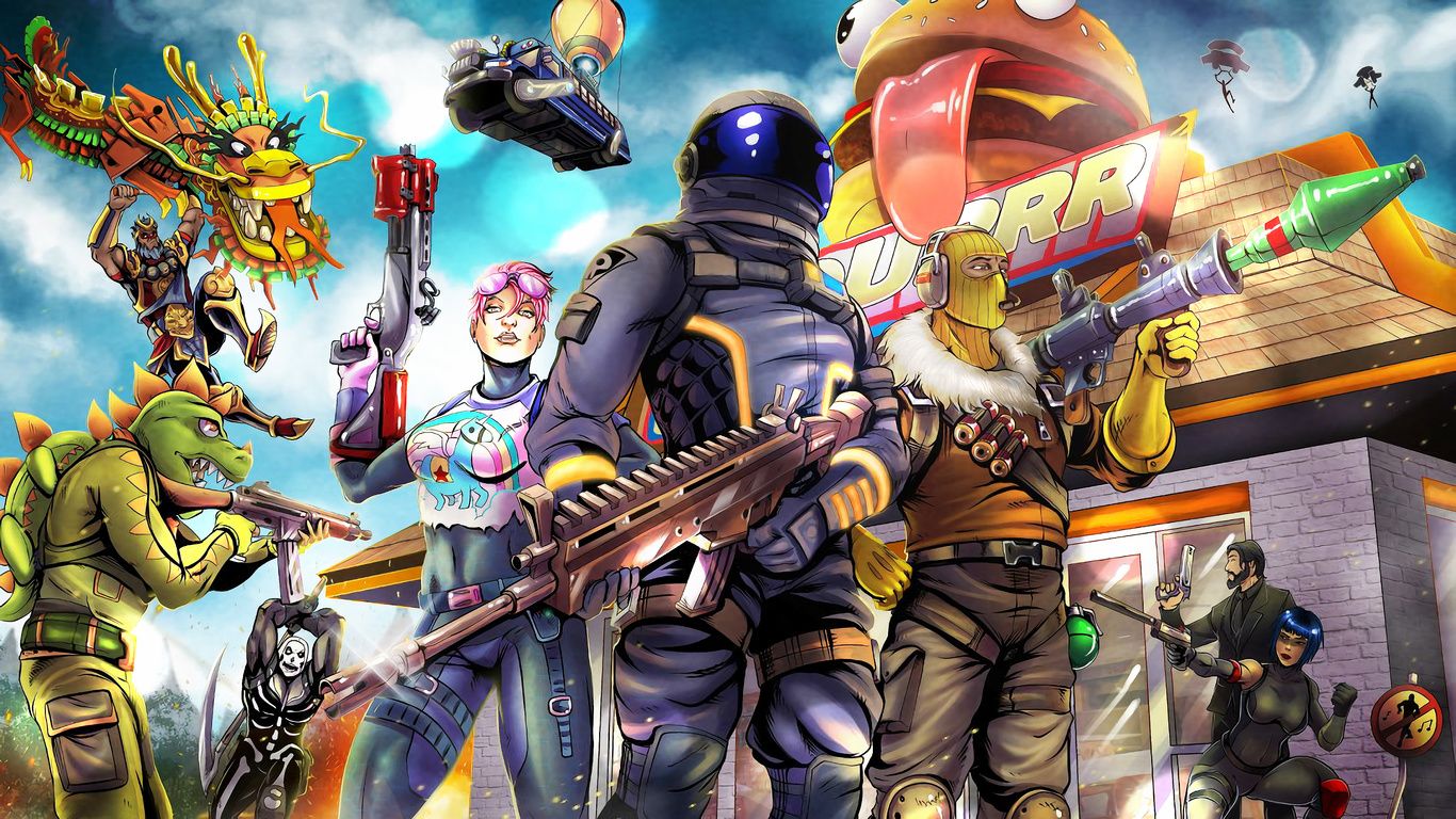 Personaggi Fortnite armati colorati, Epic Games, 1366x768 720p, Laptop