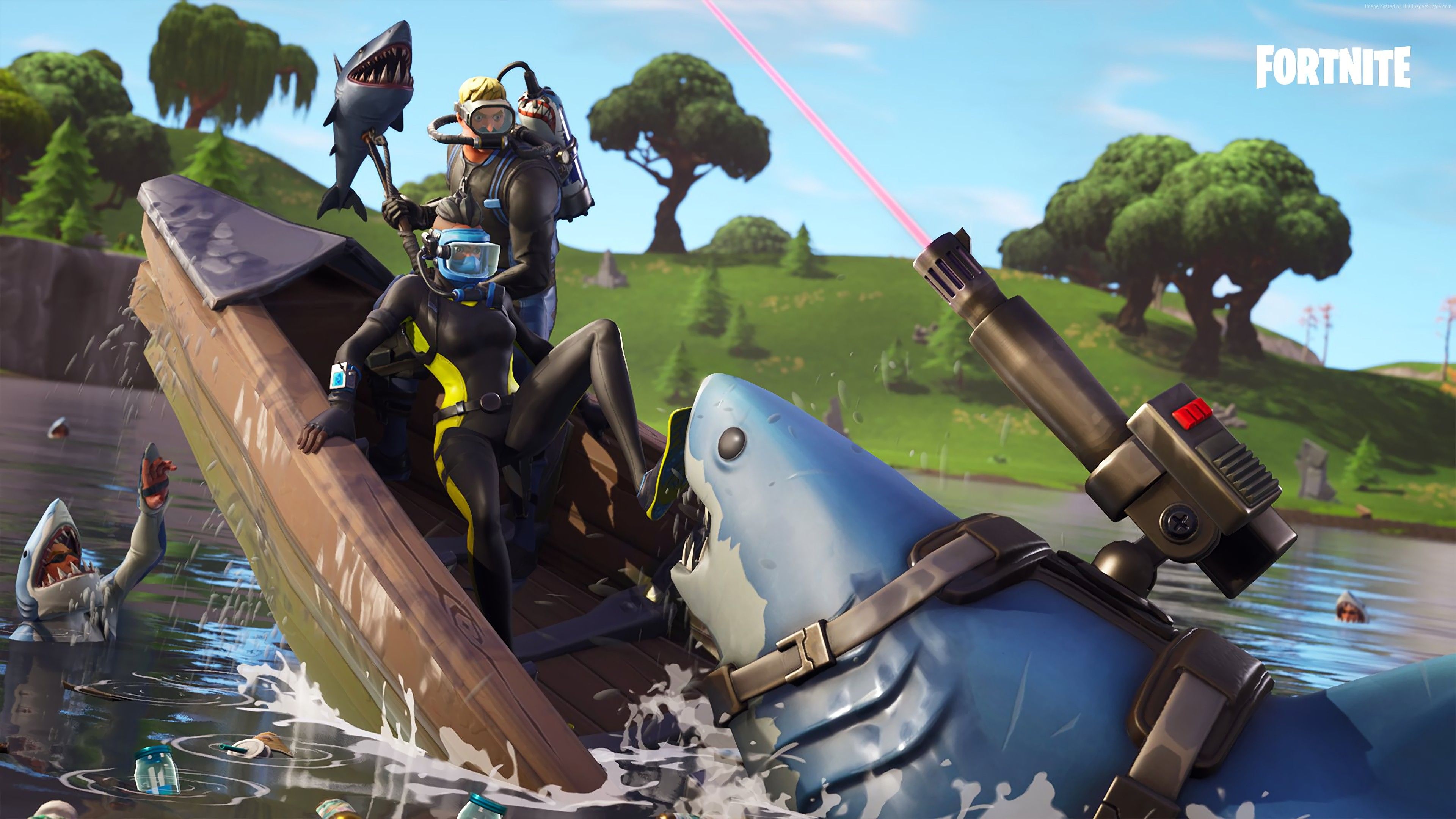 Personaggi Fortnite su barca squalo, 3840x2160 4K Ultra HD, Monitor 4K
