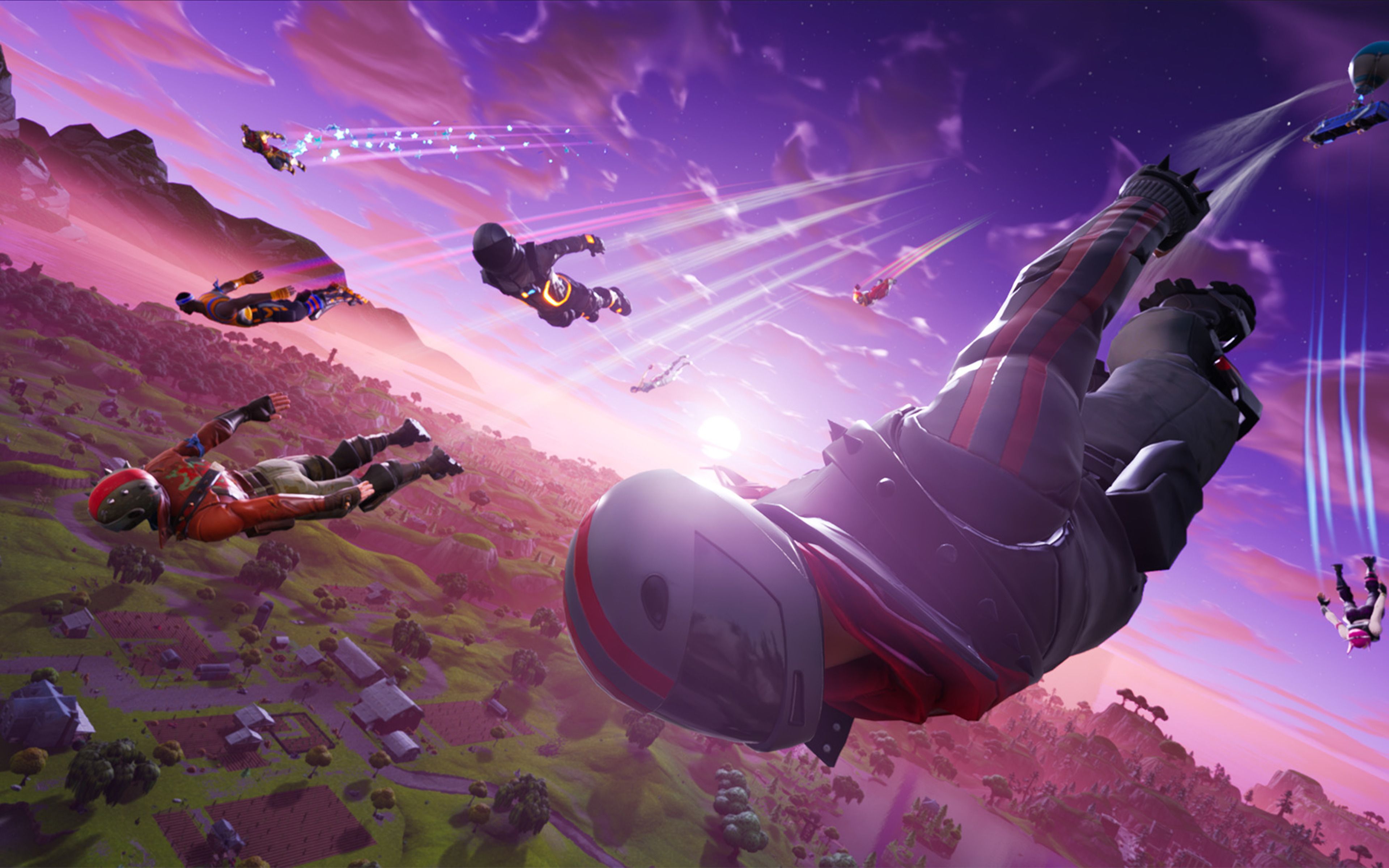 Personaggi Fortnite paracadutismo battle bus, battle royale, 3840x2400 4K, Desktop 4K