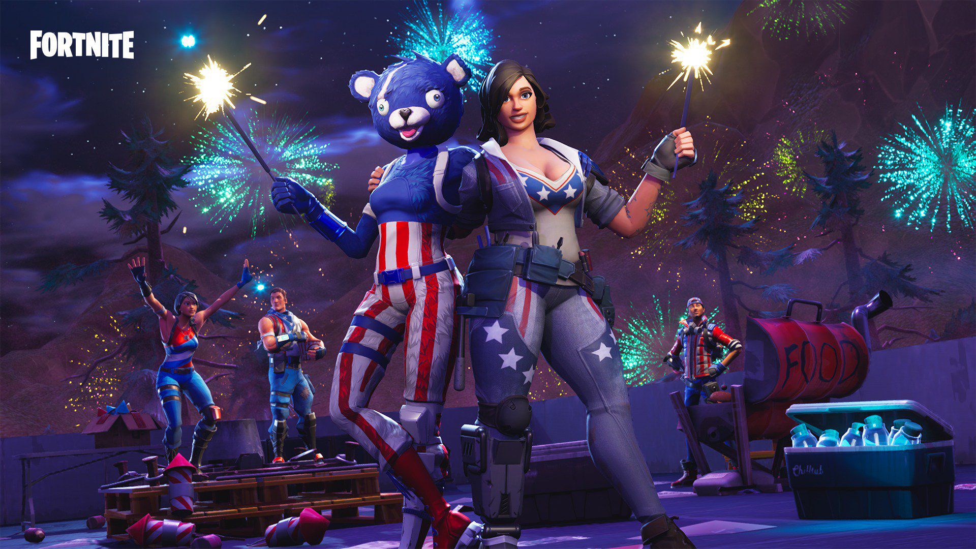 Personaggi Fortnite festeggiano fuochi artificio, 1920x1080 1080p, Desktop
