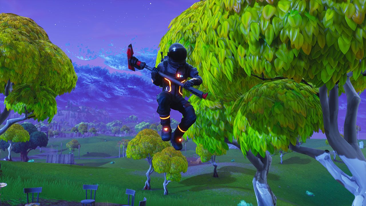 Personaggio Fortnite paracadute tra alberi, 1280x720 720p, PC