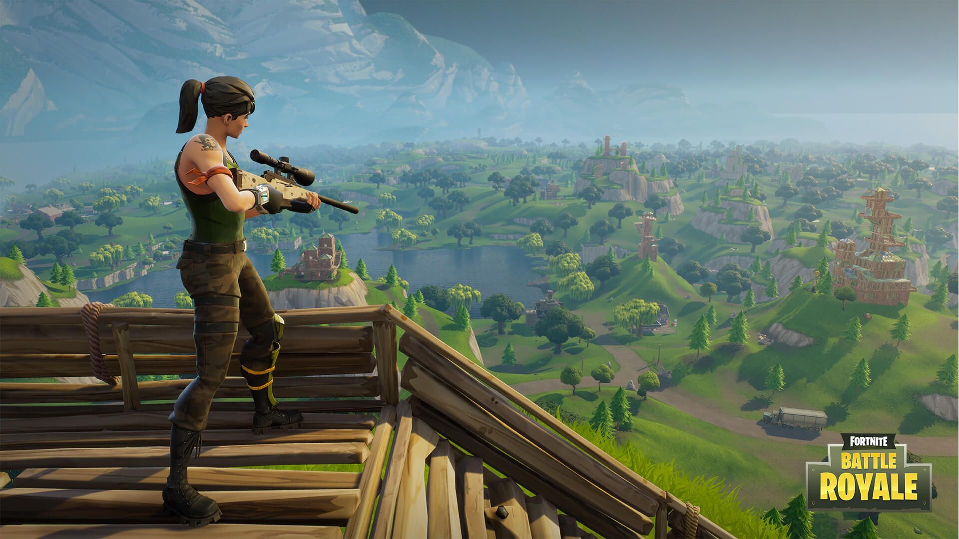 Personaggio Default Fortnite con fucile, battle royale, 1920x1080 Full HD 1080p, Desktop