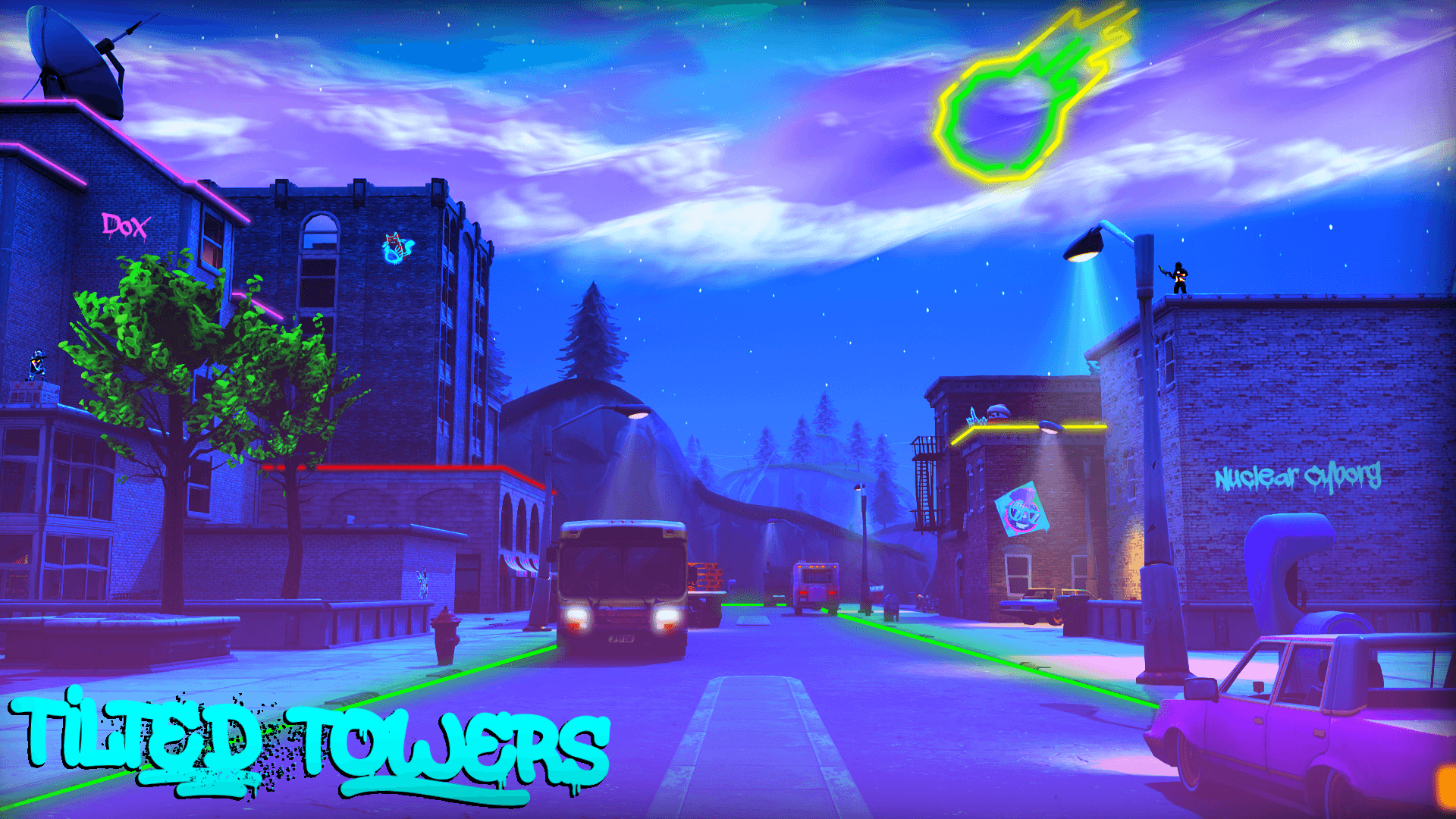 Tilted Towers Fortnite vaporwave, 1920x1080 Full HD 1080p, PC Desktop