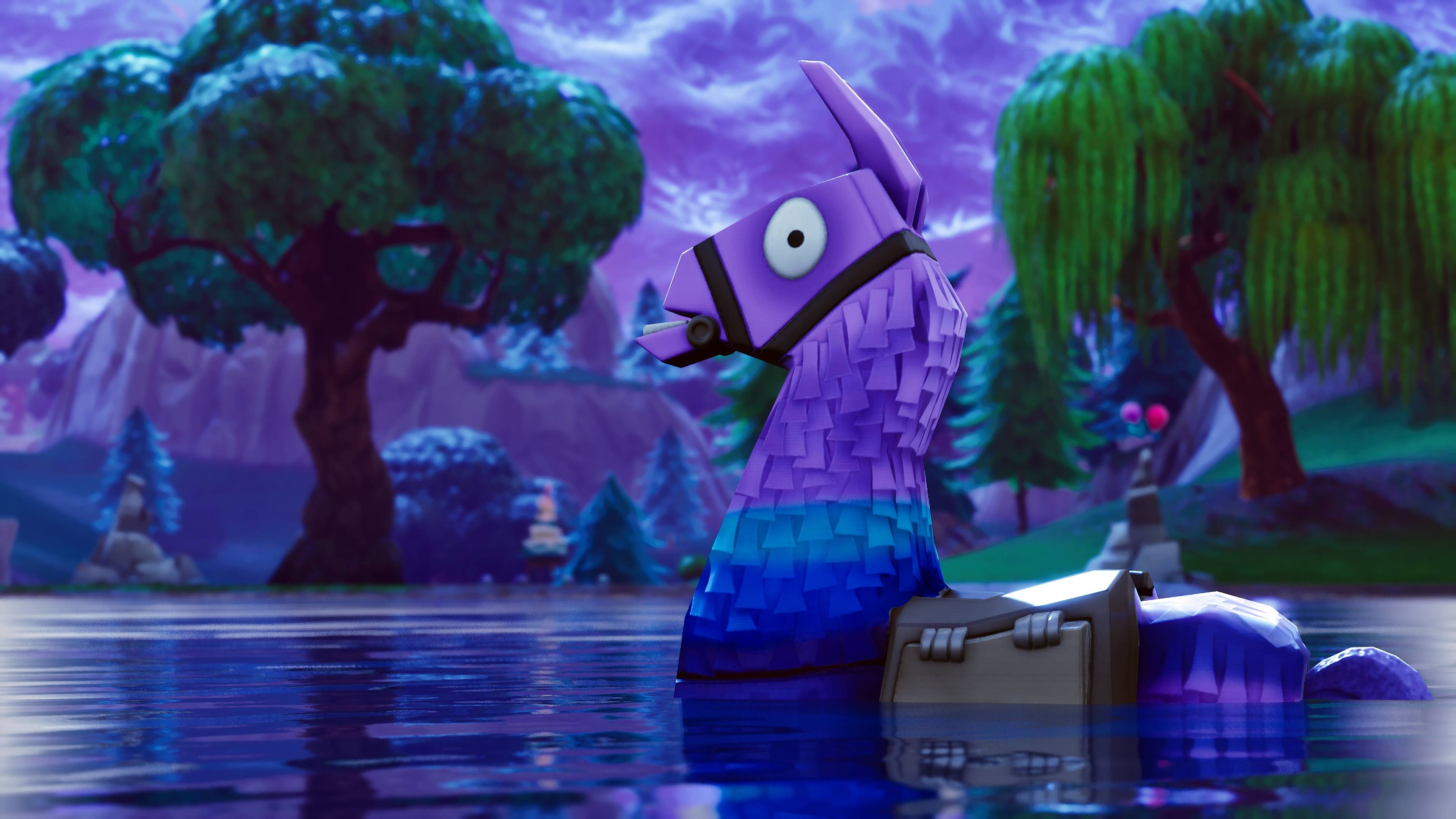 Lama scorta Fortnite lago notturno, 3840x2160 UHD, Monitor 4K