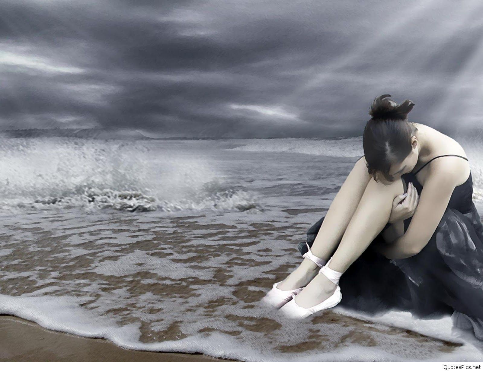 Ragazza triste seduta spiaggia, 1600x1230 HD Ready, Laptop