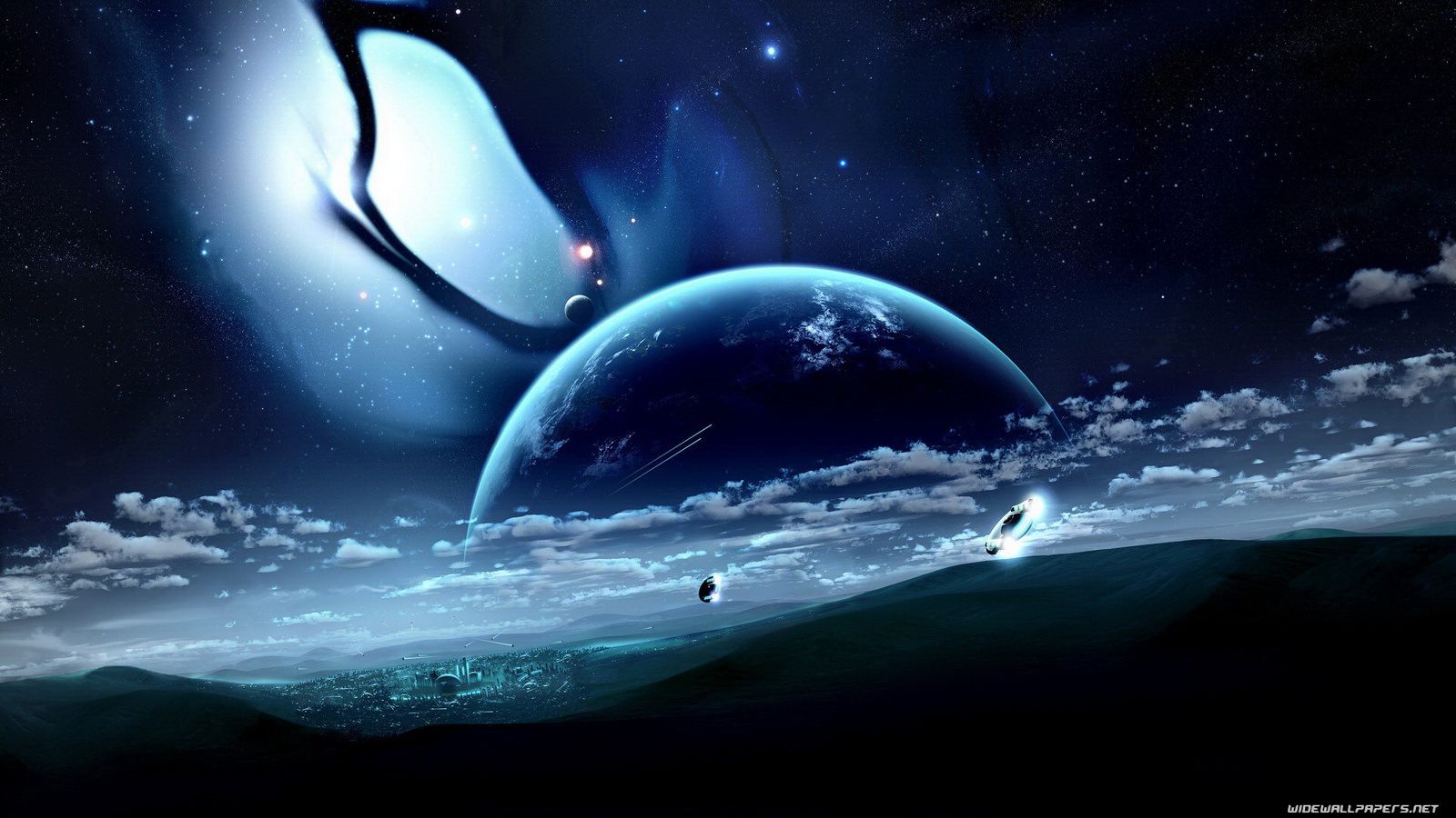 Pianeta e navicelle spaziali notturne, 1600x900 900p, Laptop