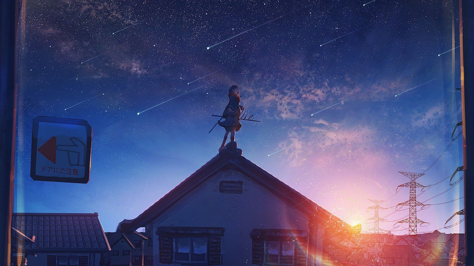 Anime, ragazza su tetto, stelle, 1600x900 HD Ready, PC