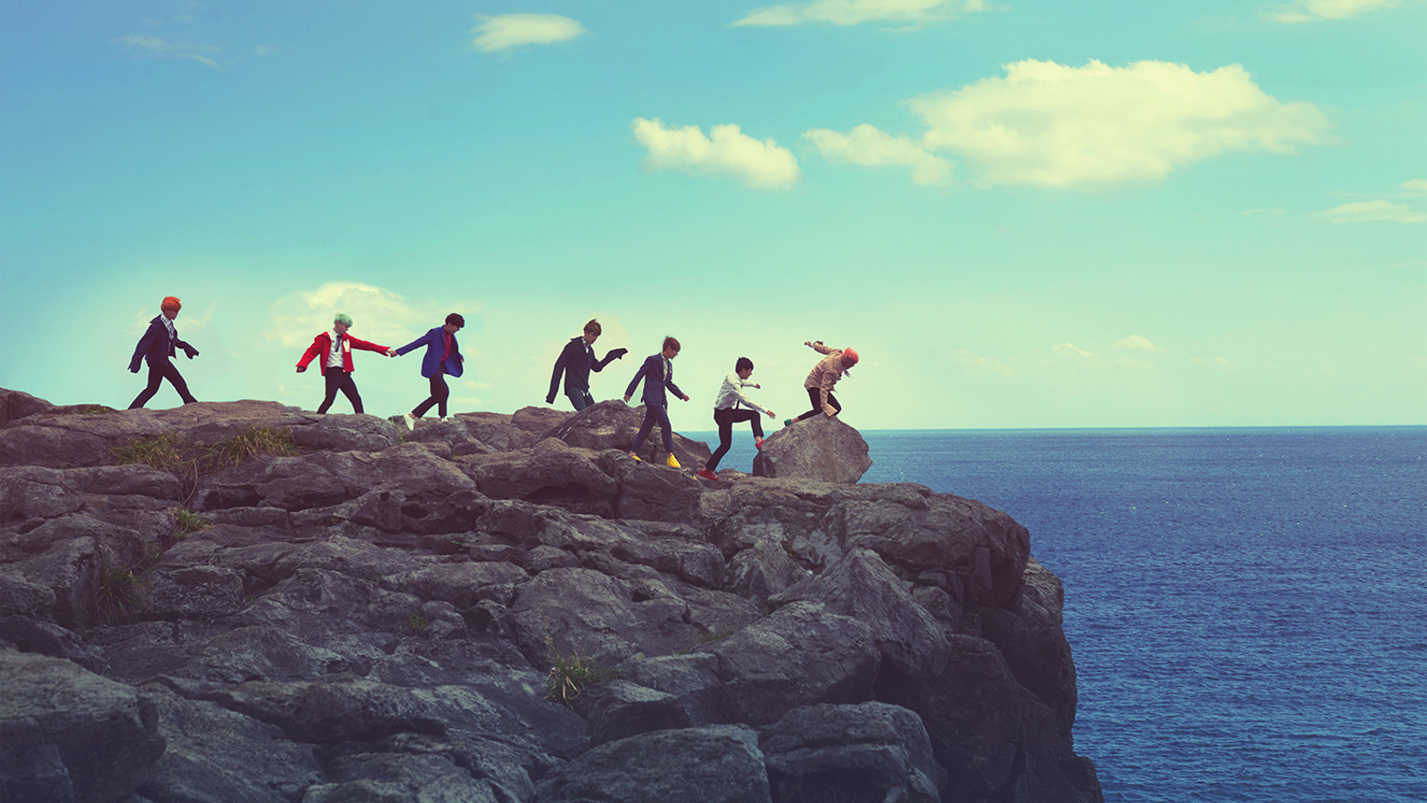BTS gruppo scogliera mare, gruppo K-pop, 1600x900 HD, Desktop