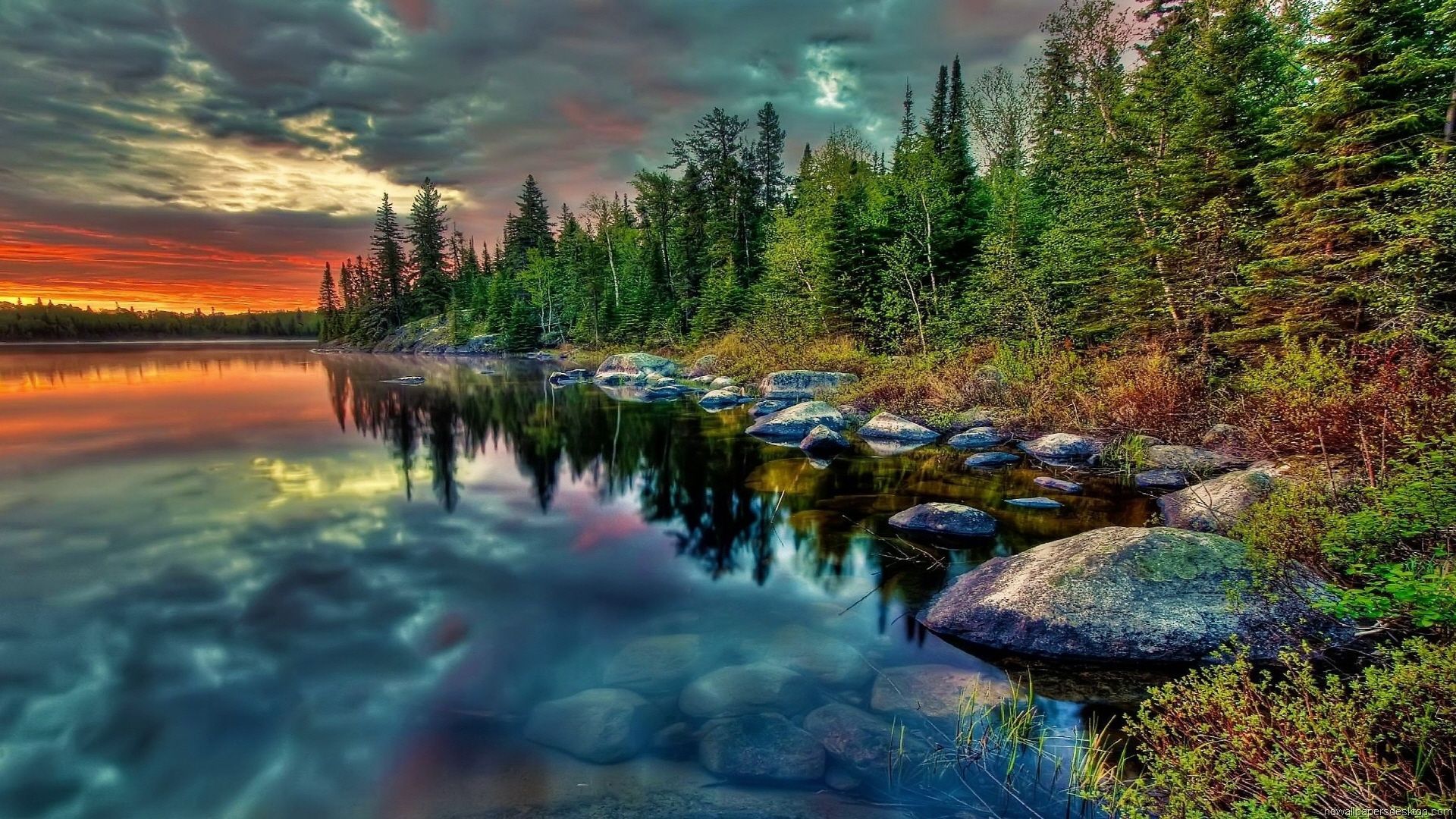 Lago tramonto foresta rocce, 1920x1080 Full HD, PC Desktop