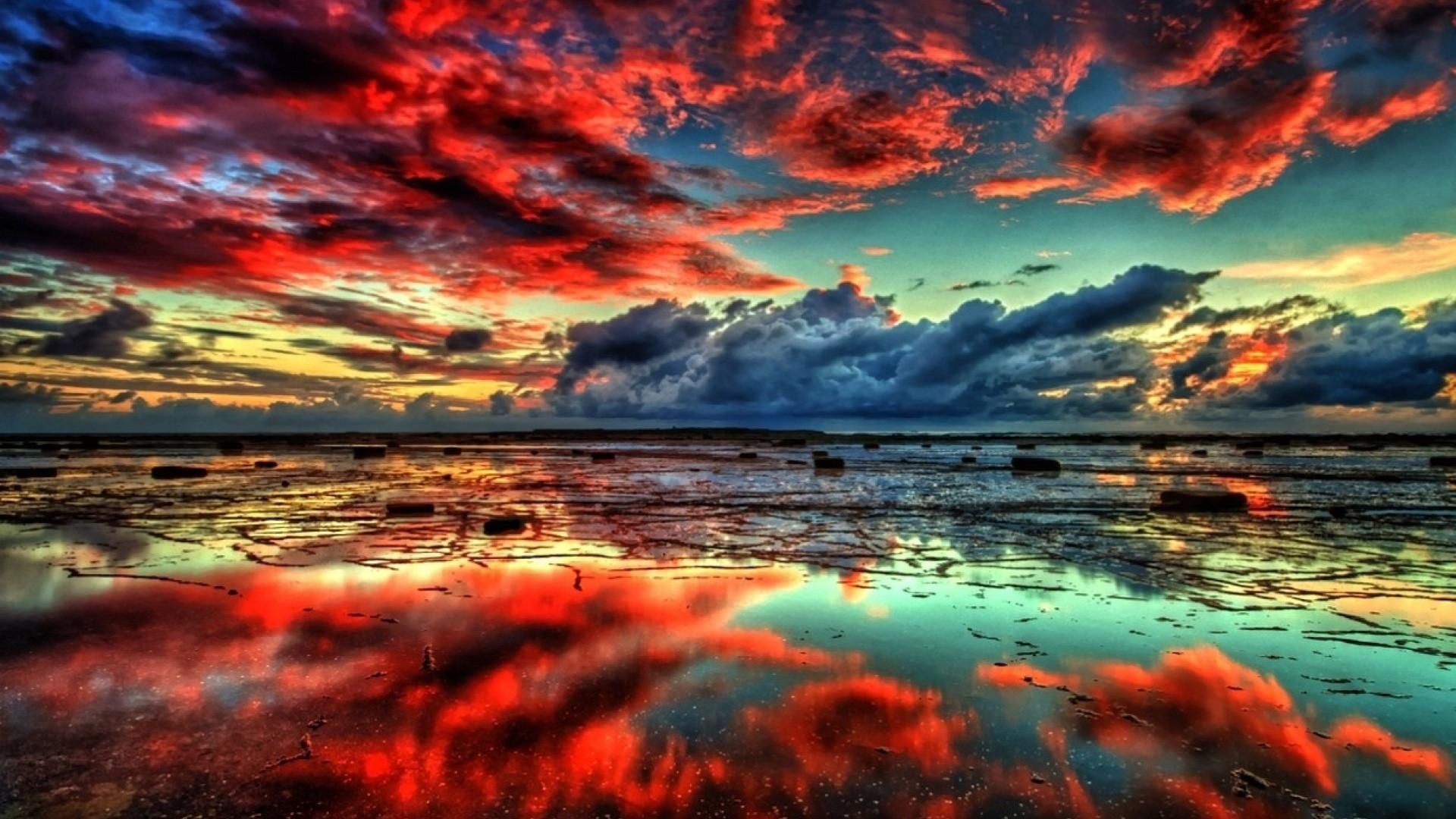 Tramonto rosso spiaggia riflesso, 1920x1080 1080p, Laptop