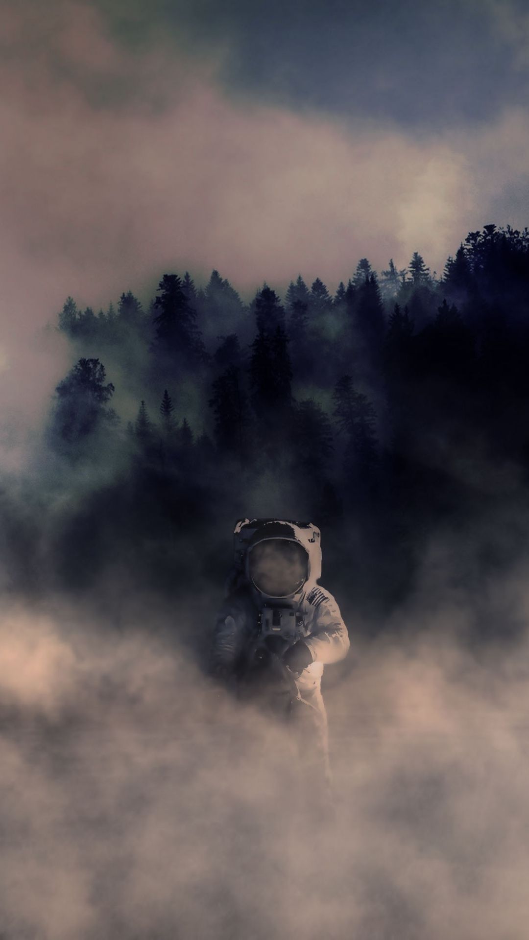 Astronauta nella nebbia, foresta, 1080x1920 Verticale, Mobile