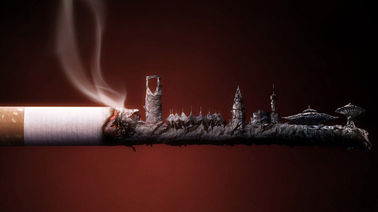 Sigaretta con cenere a forma città, 1280x720 720p, Ultrabook