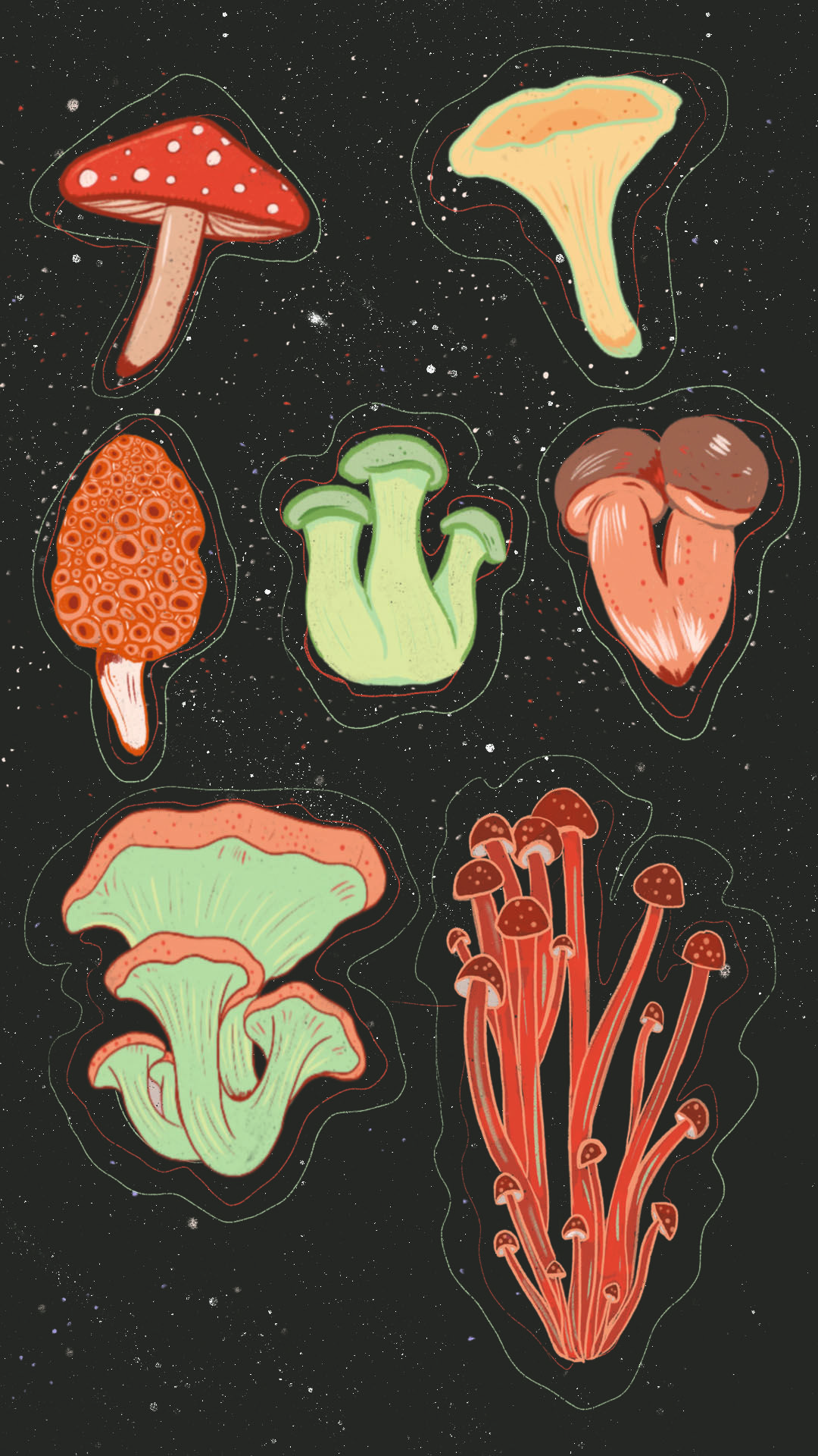 Illustrazione funghi colorati sfondo nero, 1080x1920 Verticale, Telefono