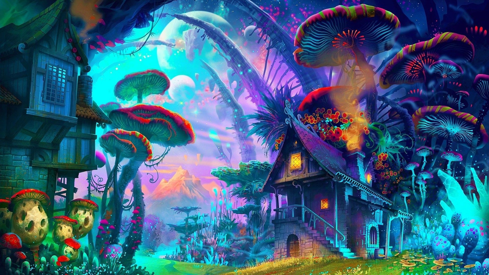 Villaggio fantasy con funghi giganti, 1920x1080 Full HD 1080p, PC Desktop