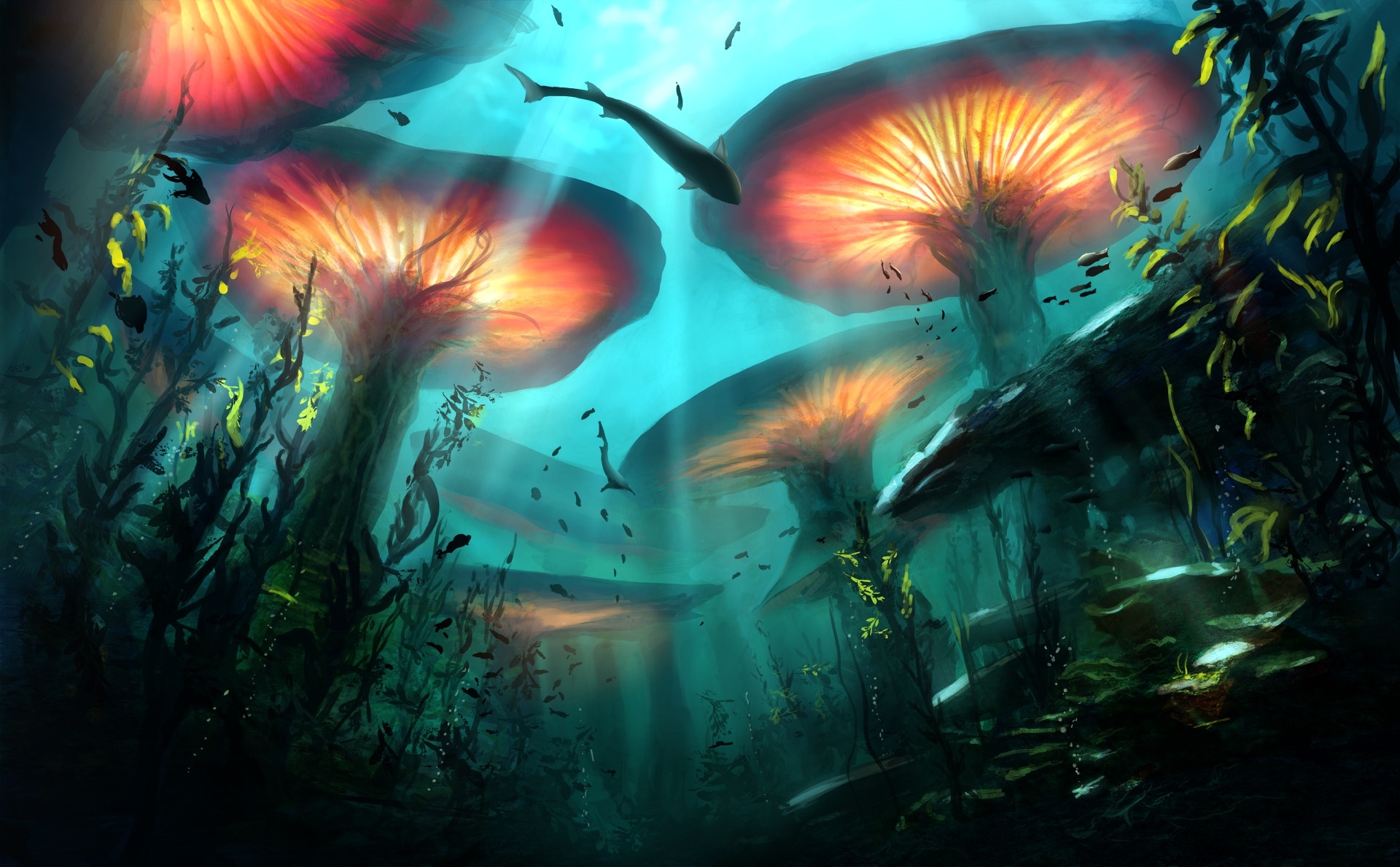 Funghi luminosi sott'acqua fantasy, 1920x1190 Full HD, PC