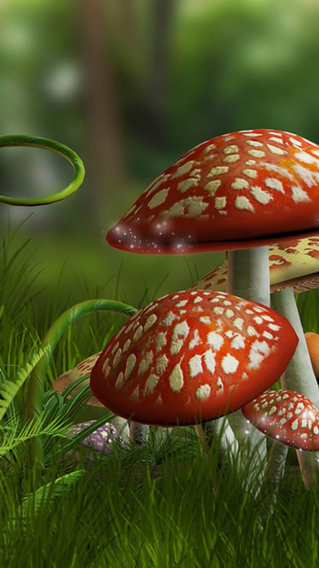 Funghi rossi 3D nell'erba, 1080x1920 Verticale, Mobile