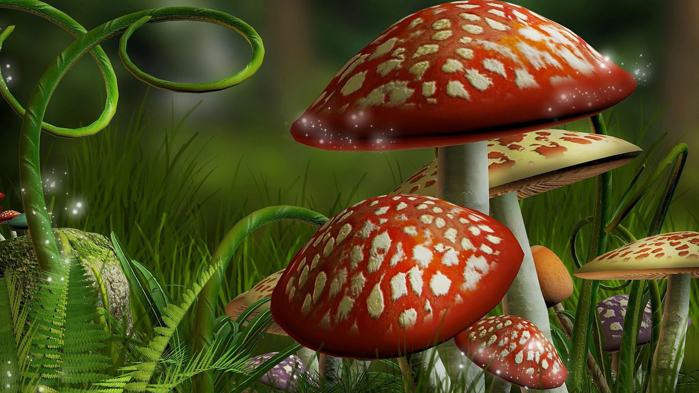 Funghi rossi 3D nel bosco, 1366x768 720p, Laptop