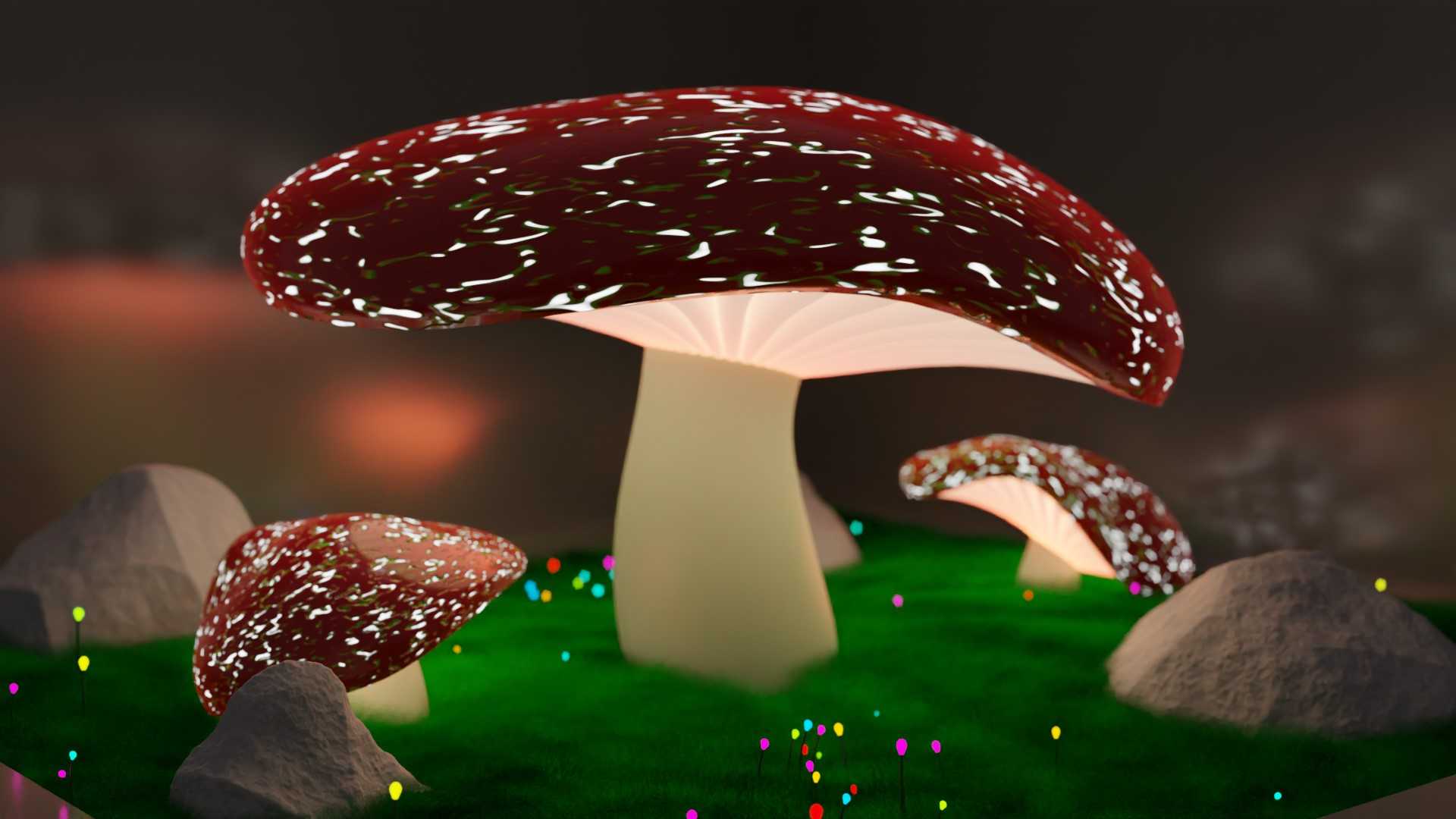 Fungo rosso 3D su erba, 1920x1080 Full HD, Desktop