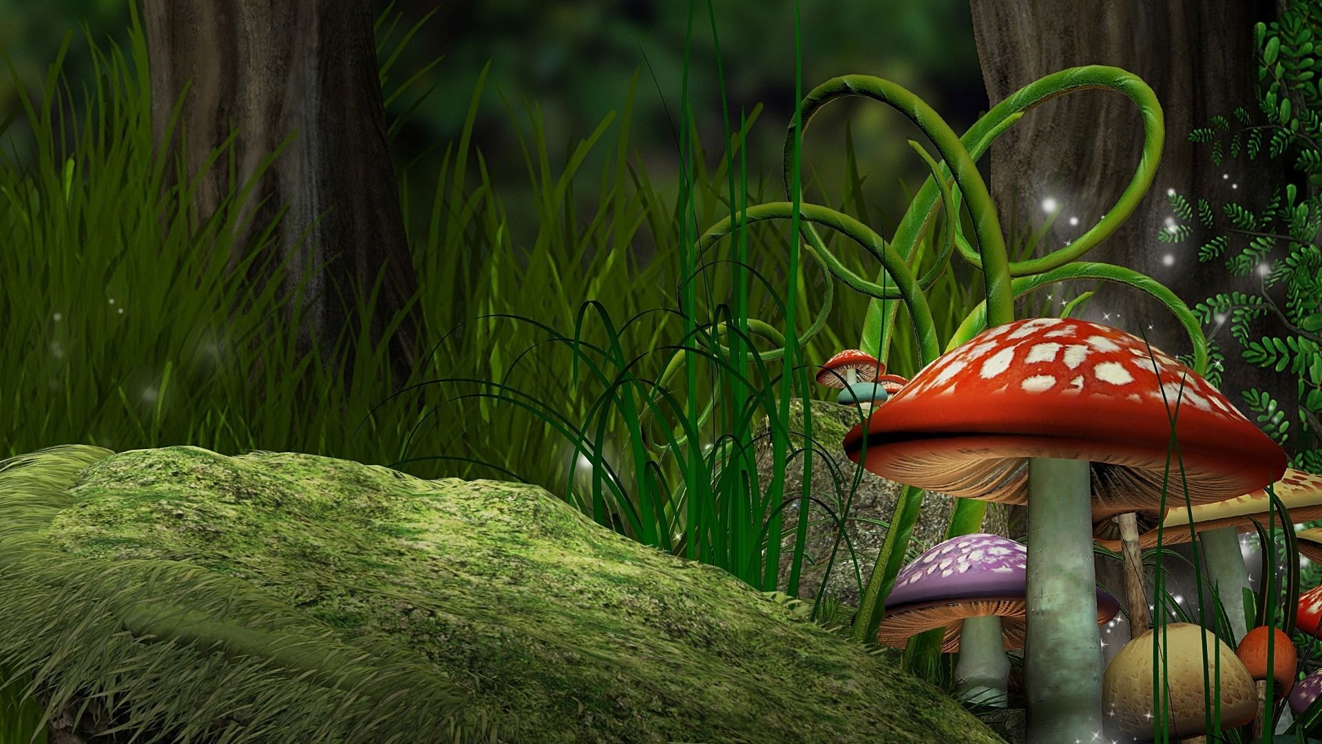 Funghi rossi cartoon nel bosco, 1920x1080 Full HD, Desktop