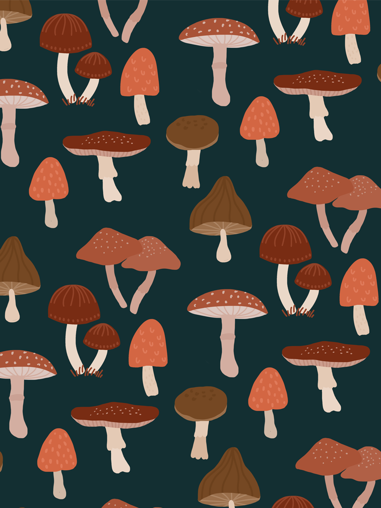 Pattern funghi arancioni sfondo verde scuro, 768x1024 Verticale, Telefono