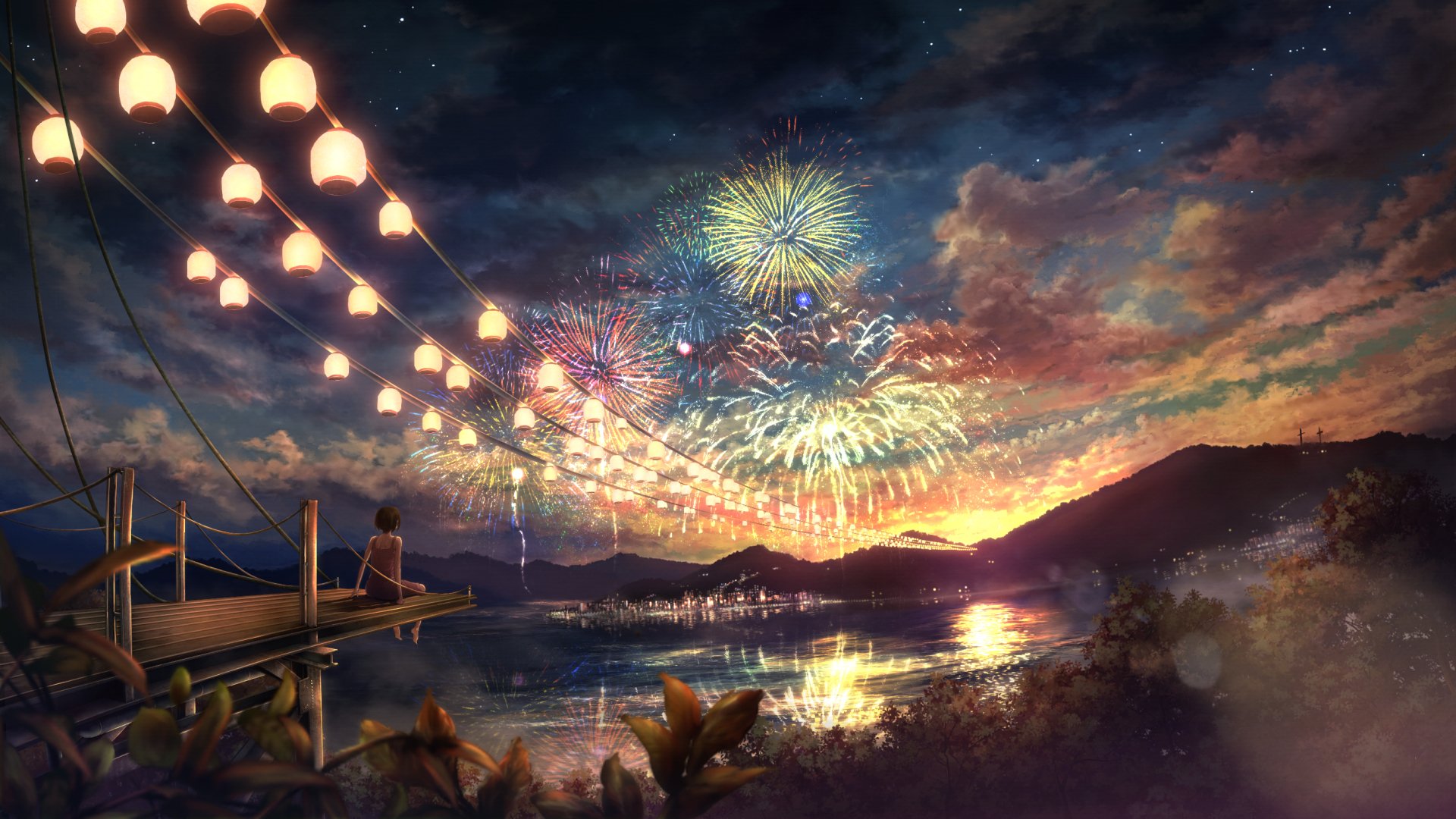 Fuochi d'artificio anime lago lanterne, 1920x1080 Full HD 1080p, Desktop