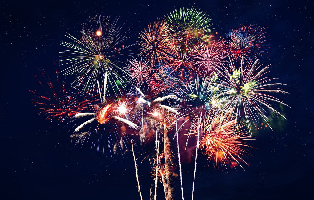 Fuochi d'artificio multicolore cielo notturno, 1332x850 720p, PC