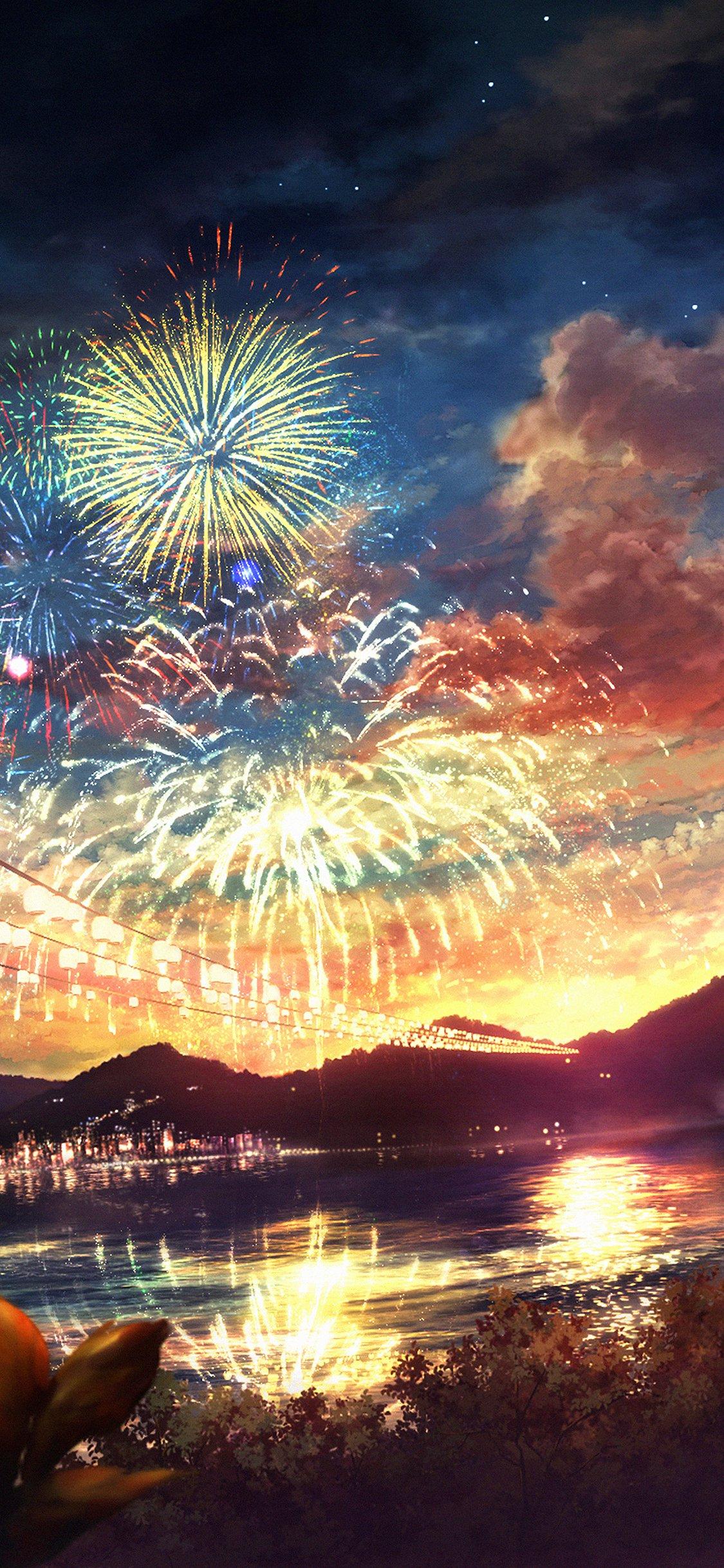 Fuochi d'artificio anime tramonto lago, 1125x2436 Full HD Verticale, Smartphone